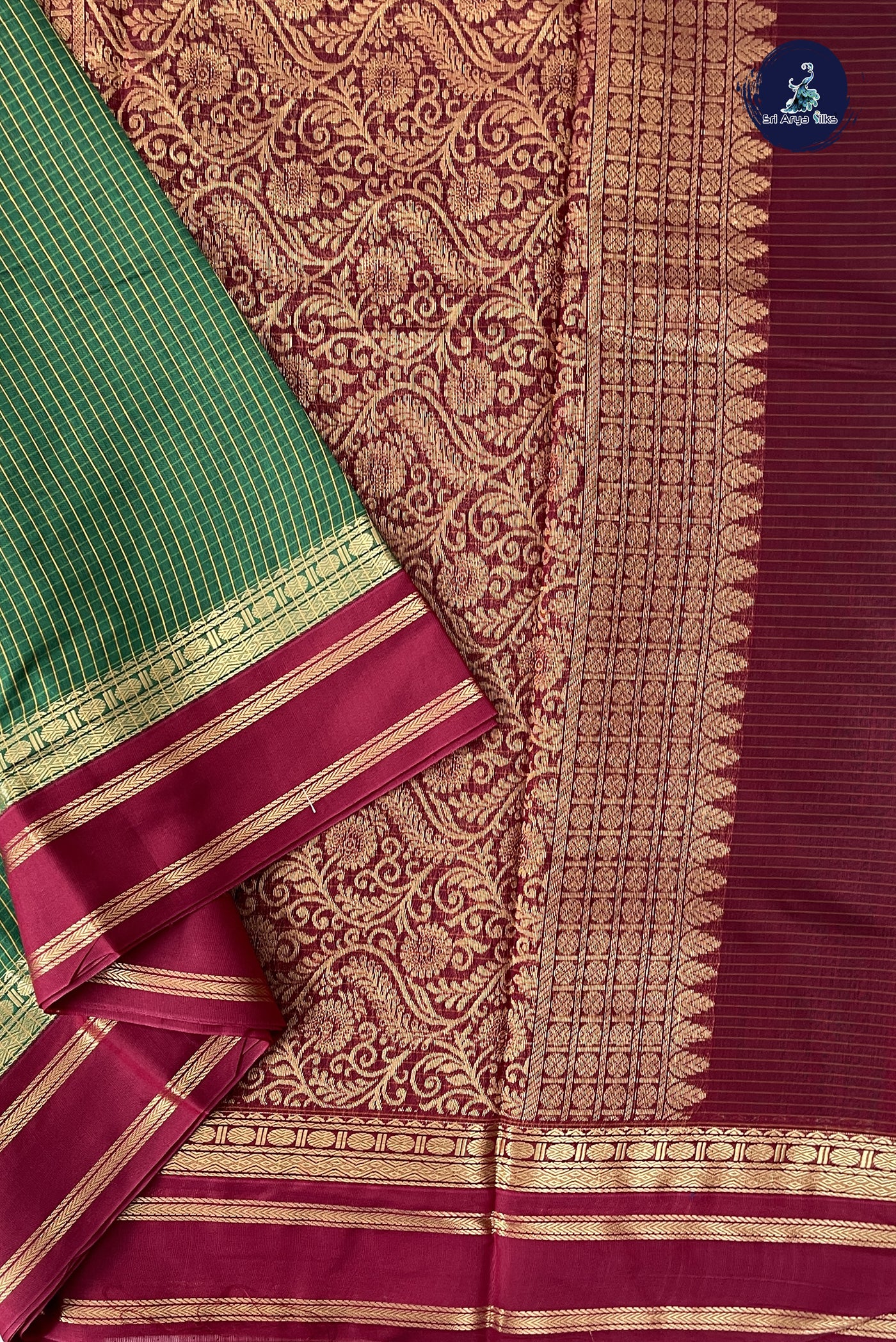 Dark Green Madisar Semi Silk Cotton Saree With Checked Pattern