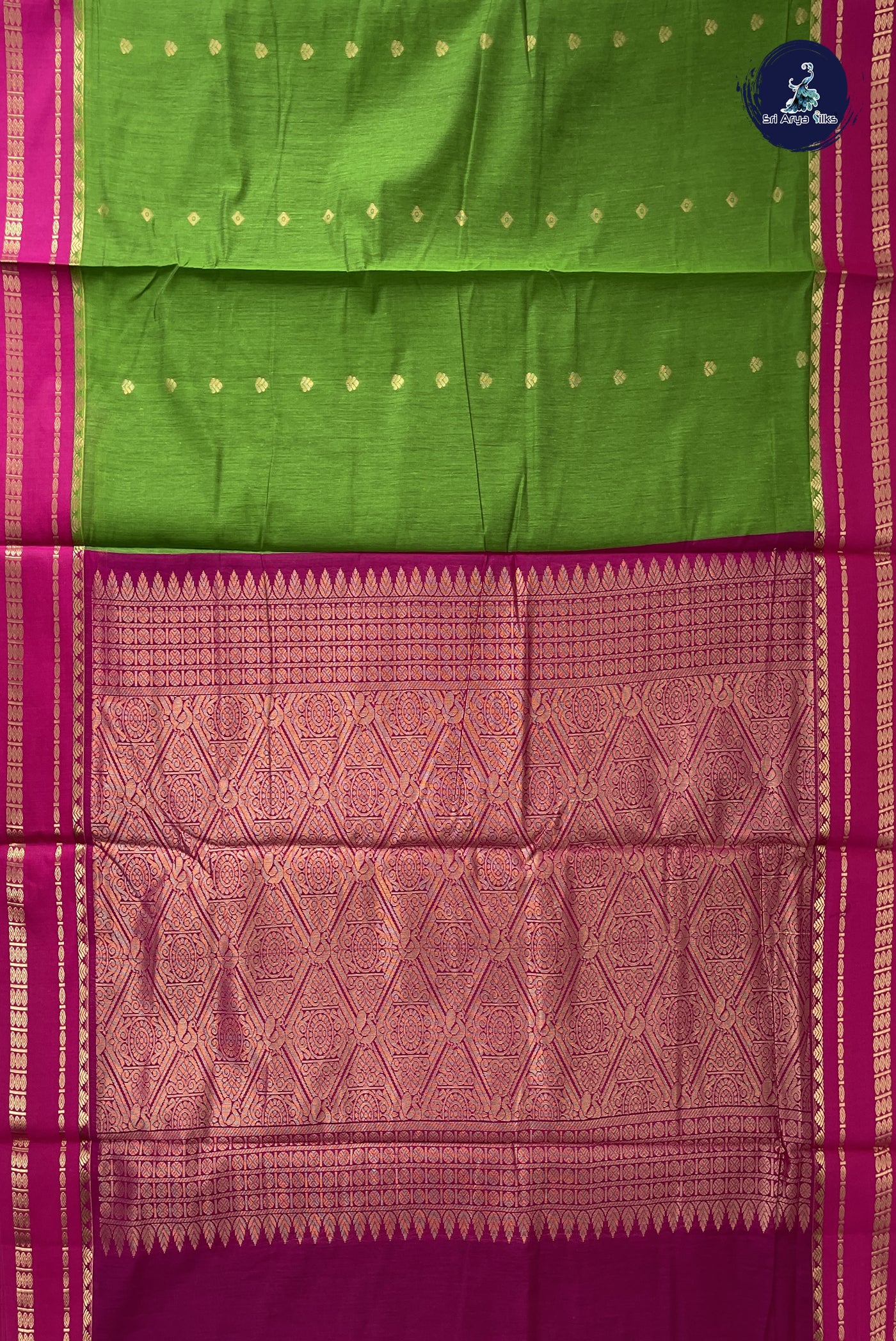 Parrot Green Madisar Semi Silk Cotton Saree With Zari Buttas Pattern