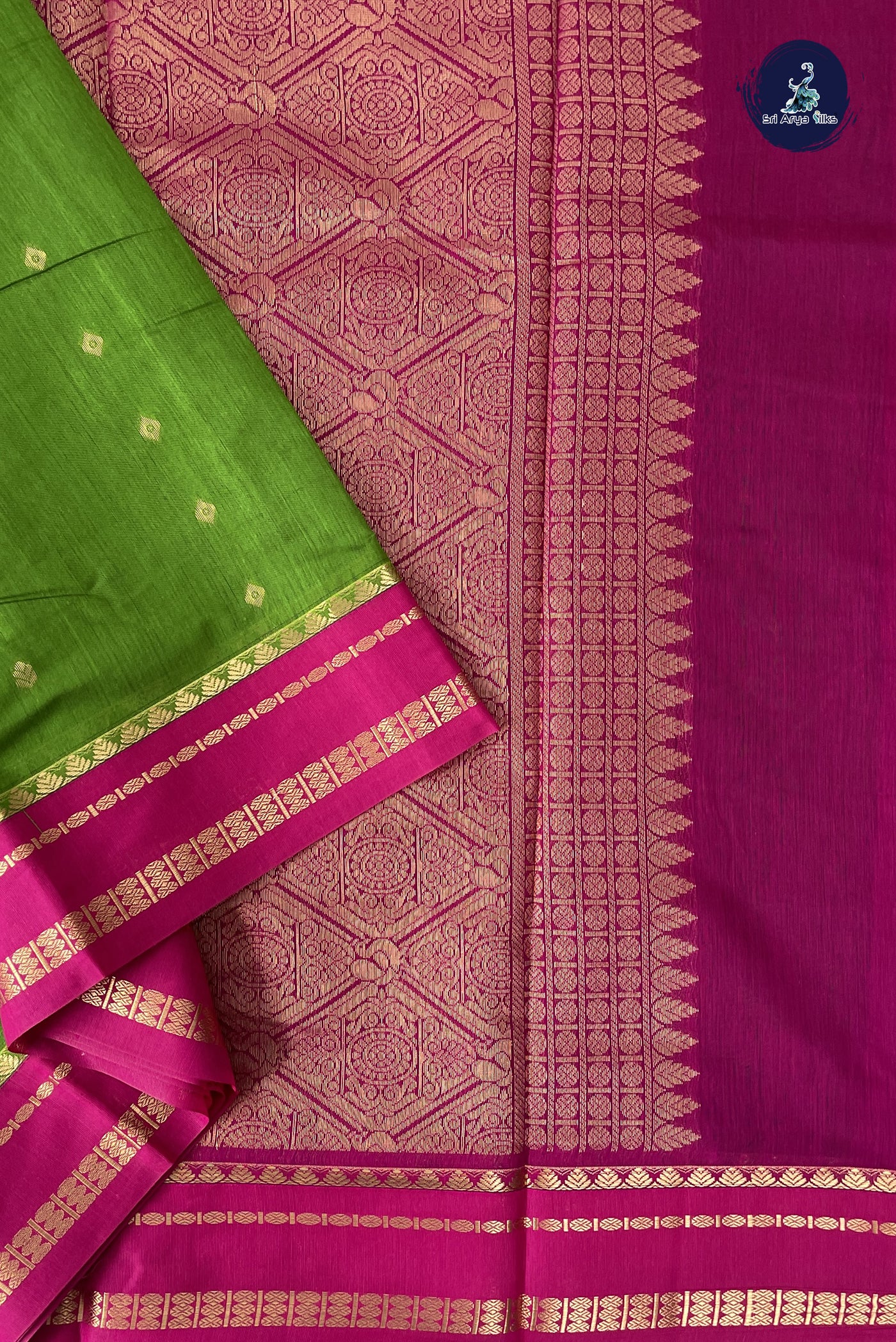 Parrot Green Madisar Semi Silk Cotton Saree With Zari Buttas Pattern