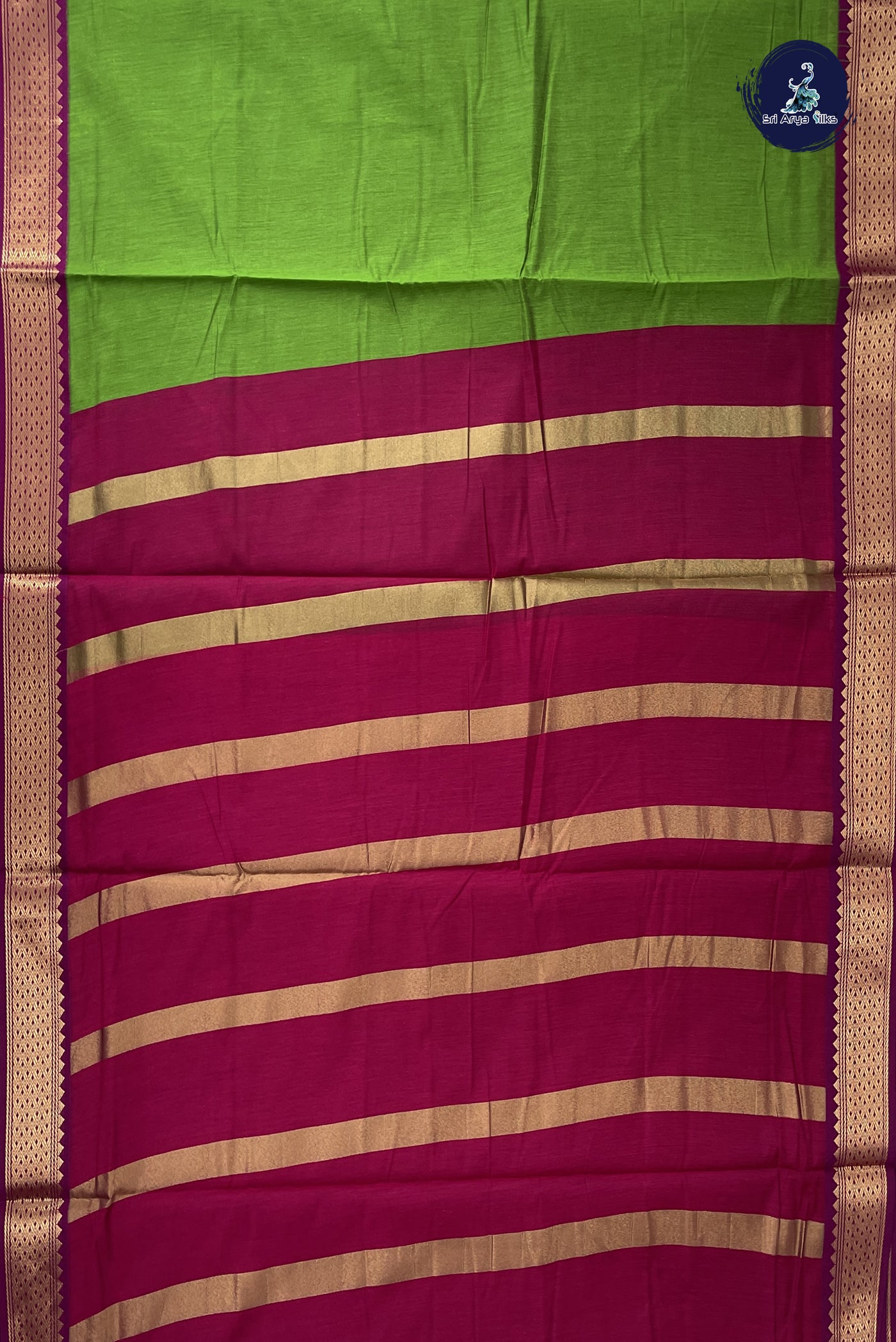 Parrot Green Madisar Semi Silk Cotton Saree With Plain Pattern