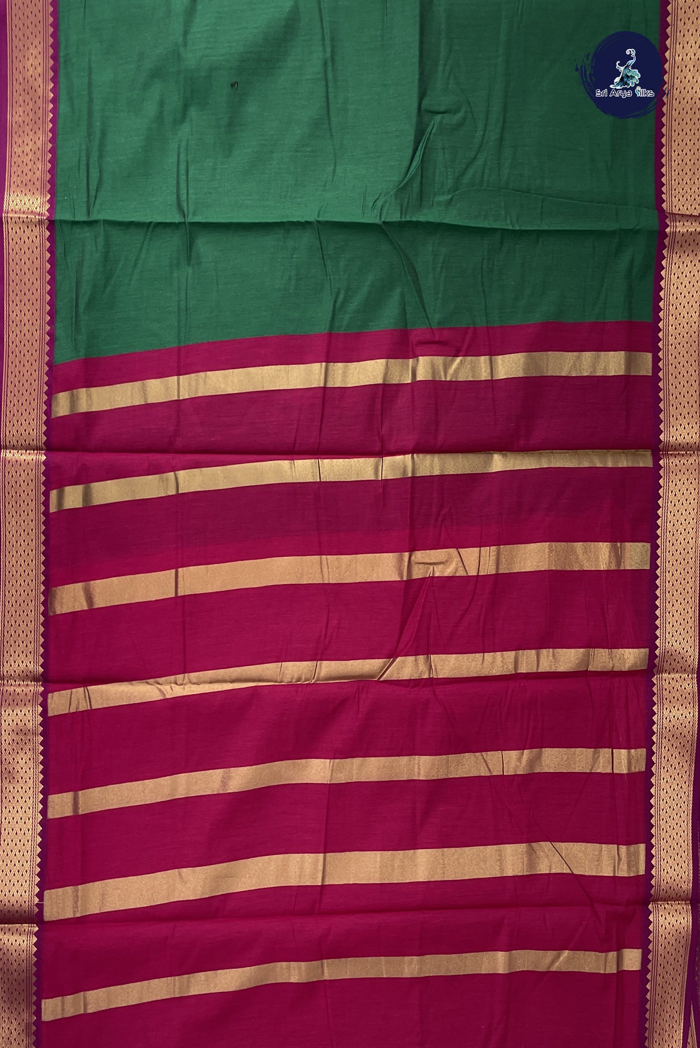 Dark Green Madisar Semi Silk Cotton Saree With Plain Pattern