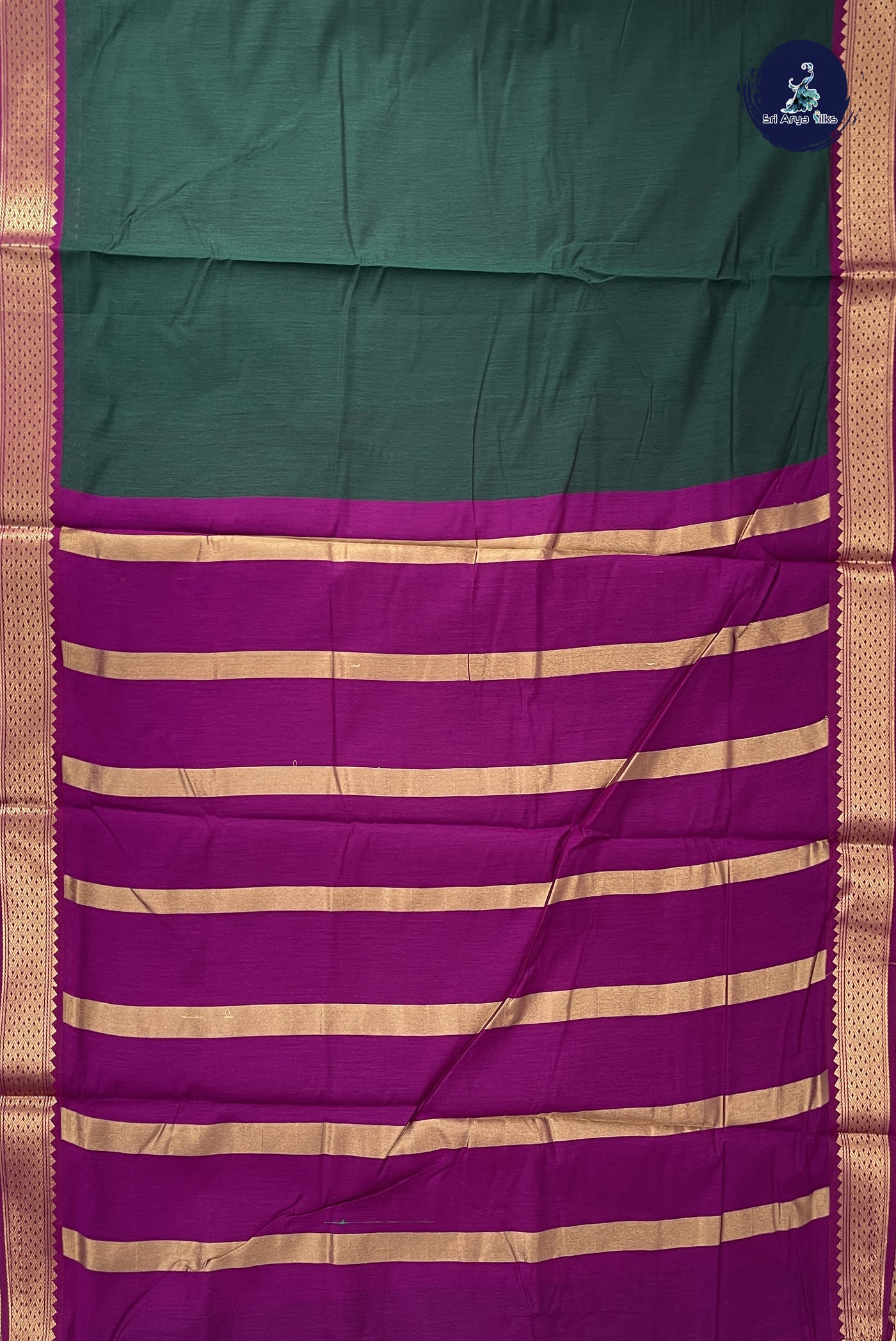 Dark Green Madisar Semi Silk Cotton Saree With Plain Pattern