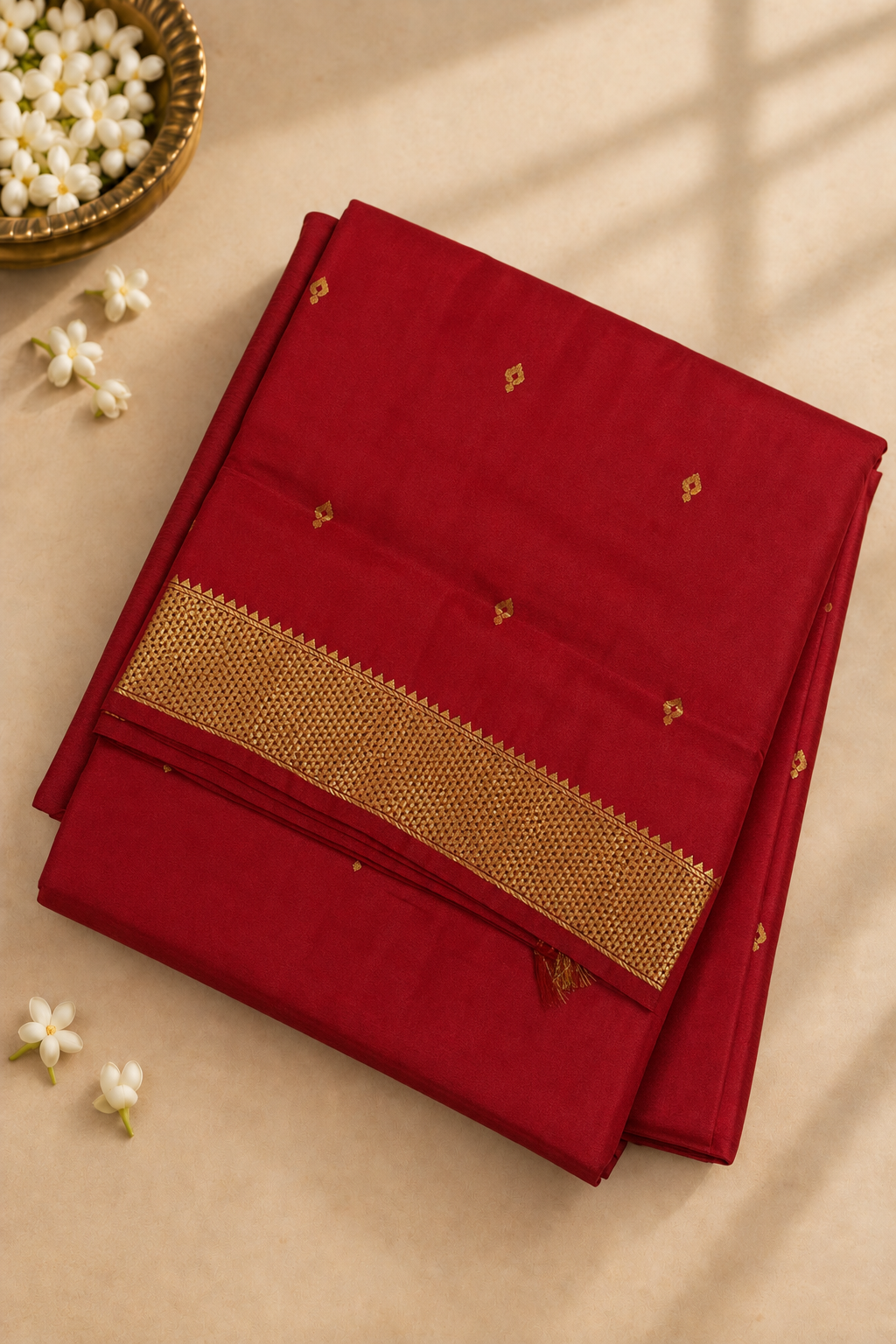 Maroon Madisar 10 Yards Silk Saree With Zari Buttas Pattern