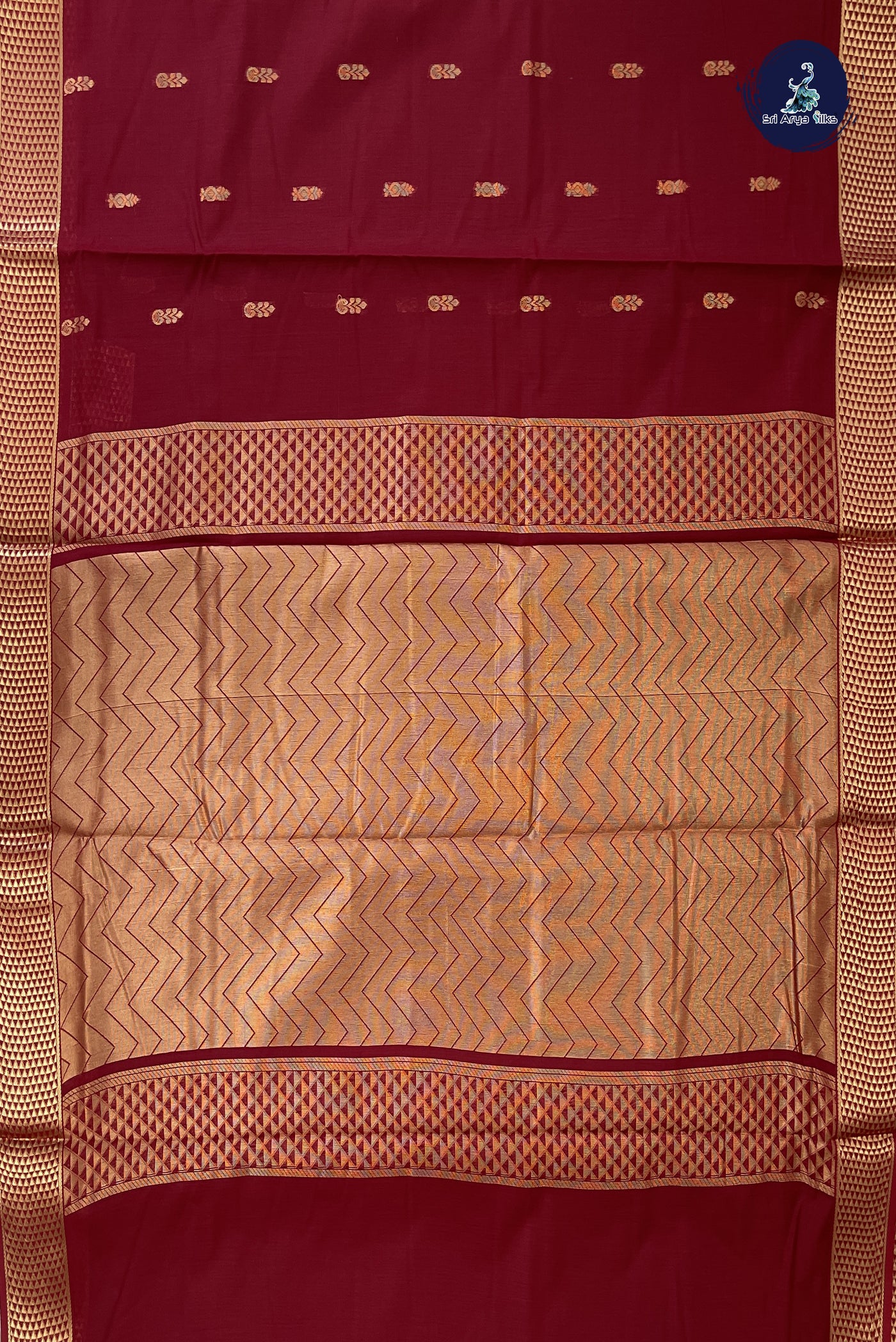 Maroon Madisar Semi Silk Cotton Saree With Zari Buttas Pattern