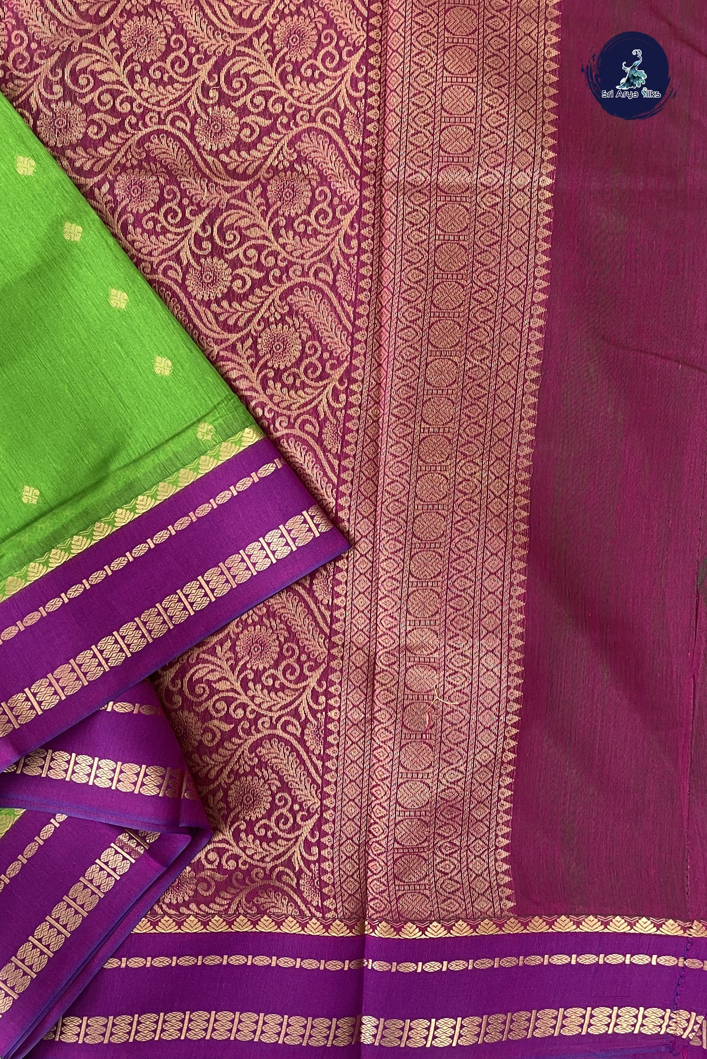 Parrot Green Madisar Semi Silk Cotton Saree With Zari Buttas Pattern