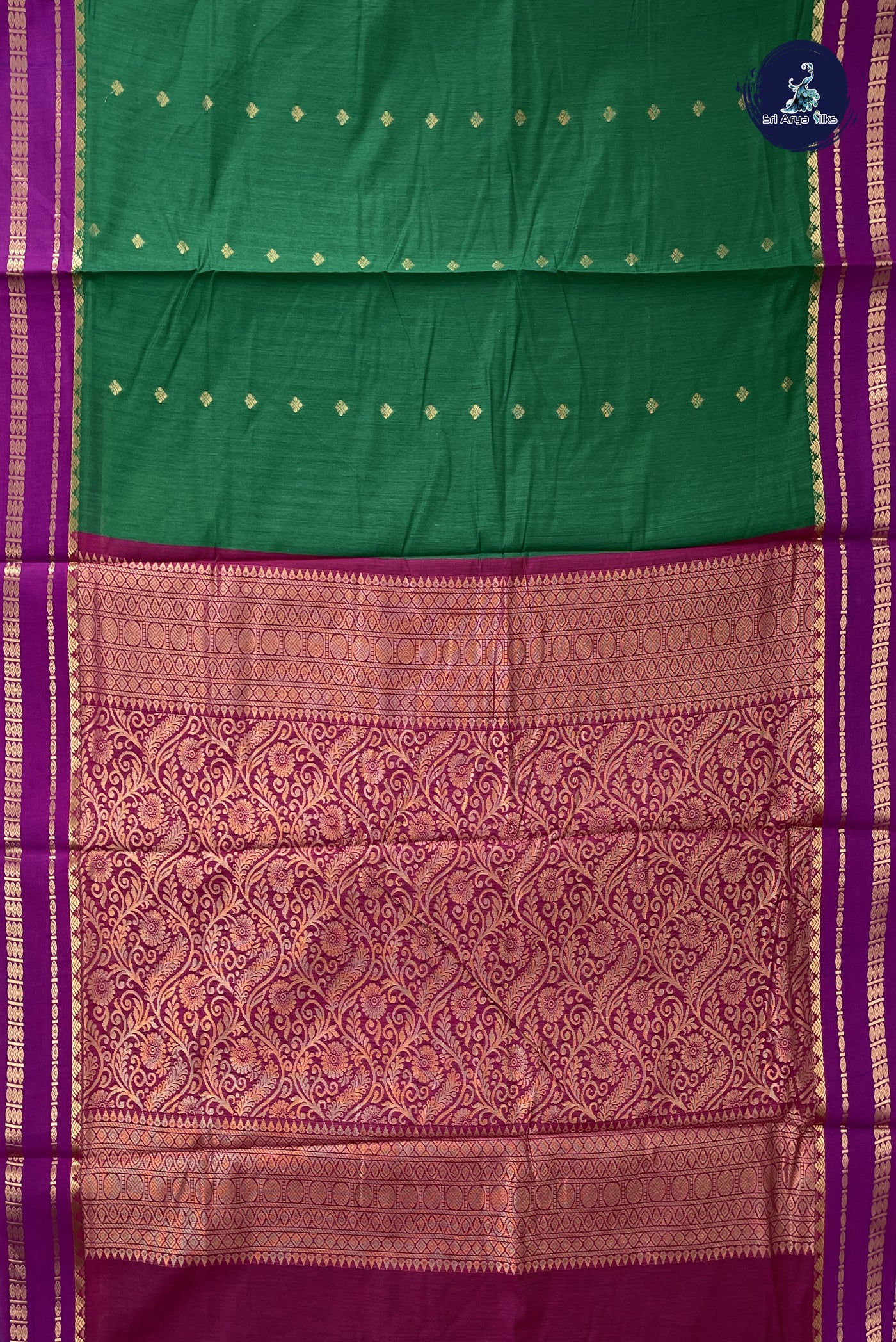 Dark Green Madisar Semi Silk Cotton Saree With Zari Buttas Pattern