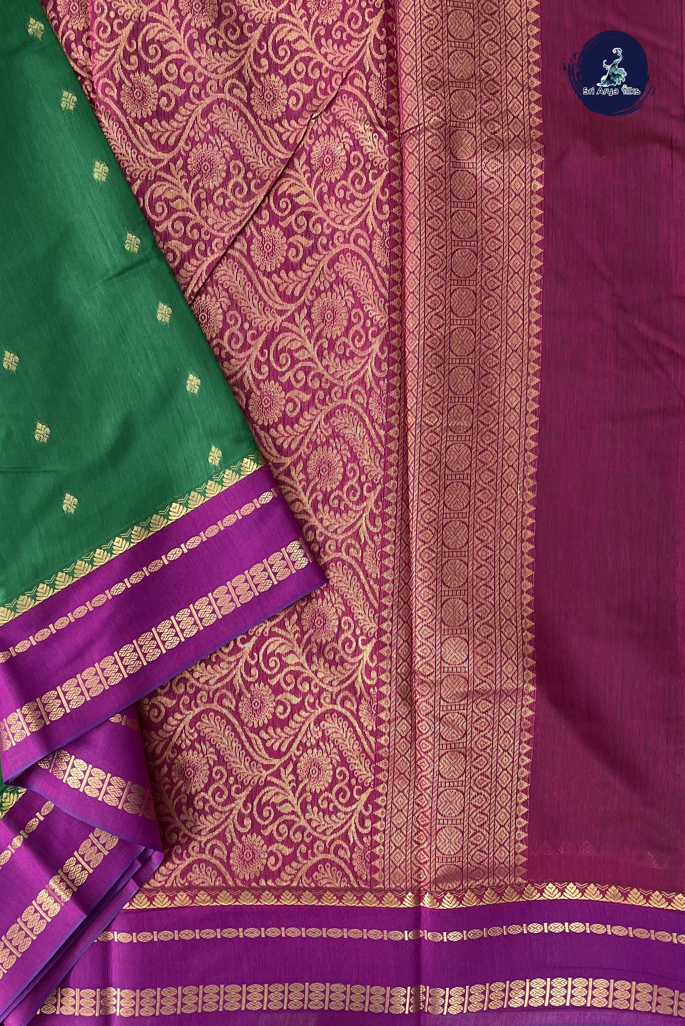 Dark Green Madisar Semi Silk Cotton Saree With Zari Buttas Pattern