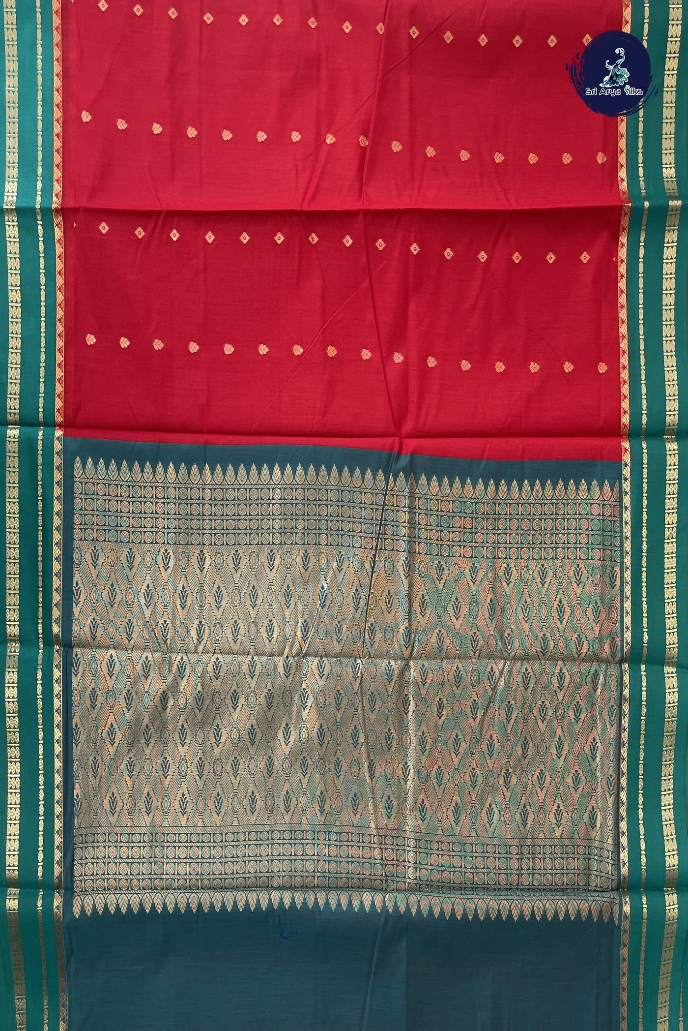 Red Madisar Semi Silk Cotton Saree With Zari Buttas Pattern