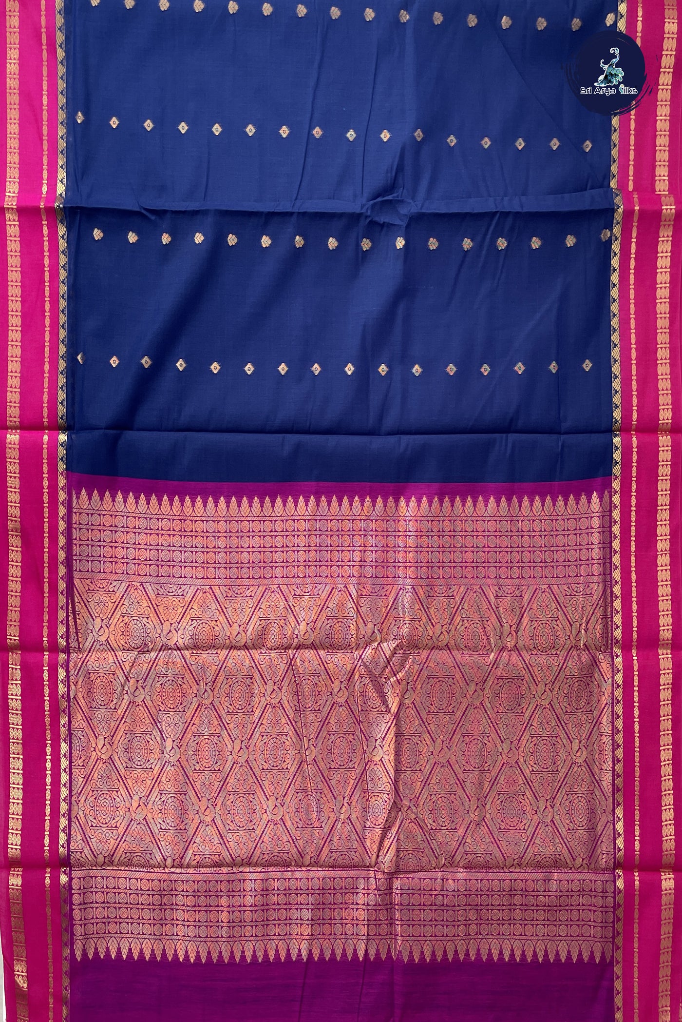 Navy Blue Madisar Semi Silk Cotton Saree With Zari Buttas Pattern