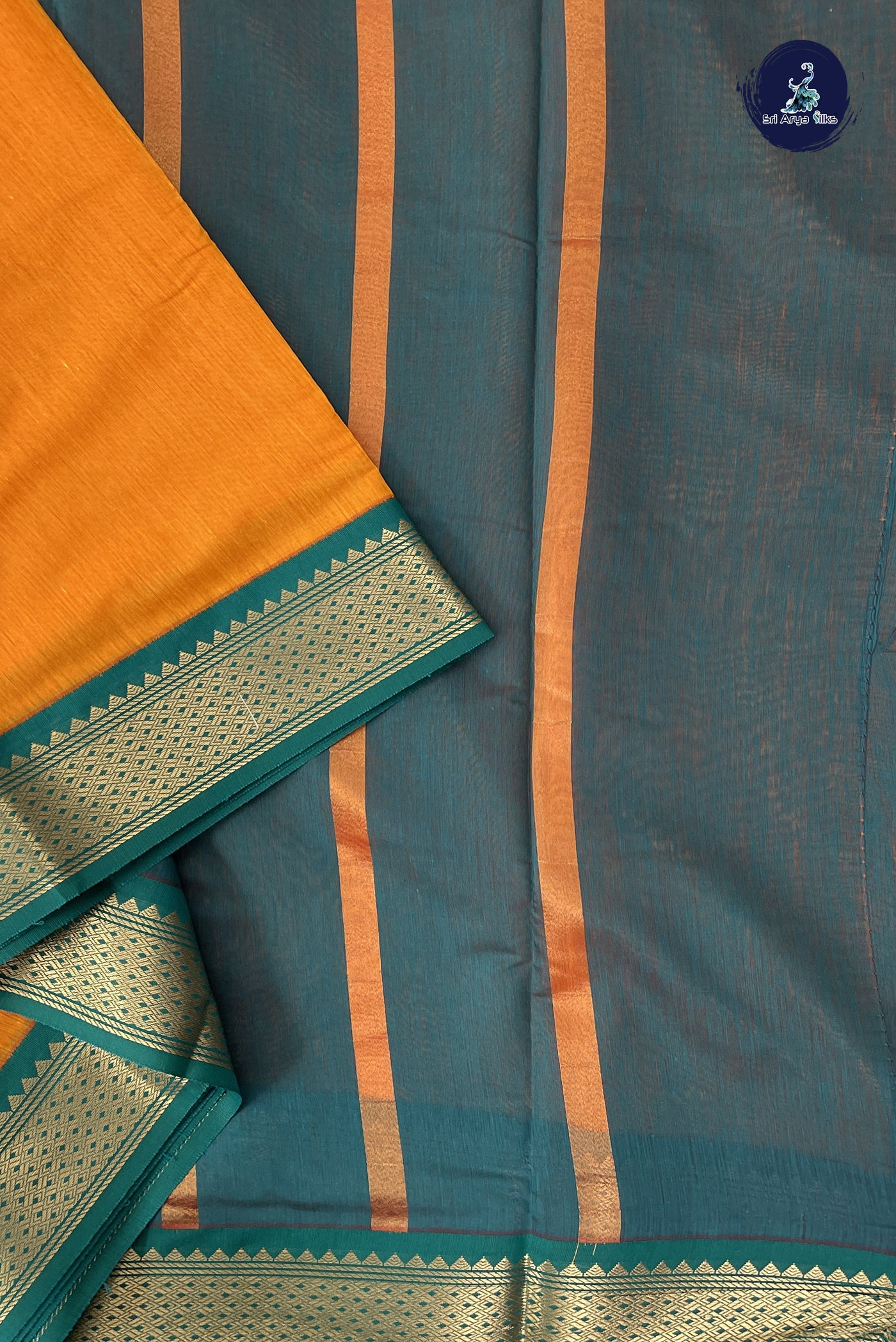 Yellowish Orange Madisar Semi Silk Cotton Saree With Plain Pattern