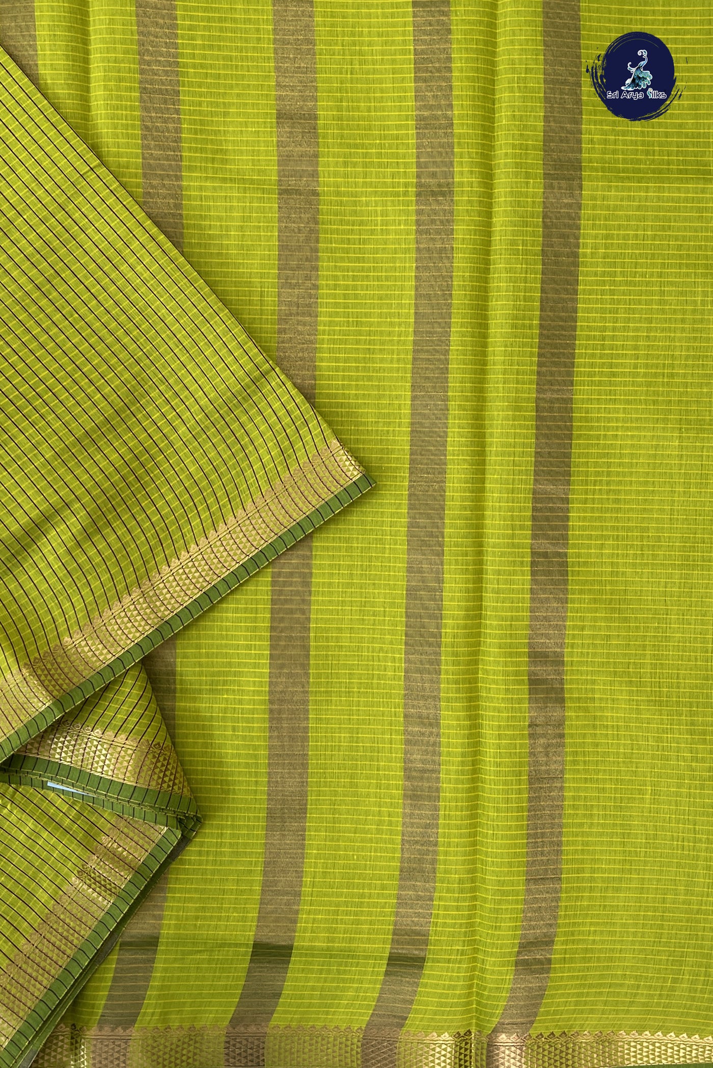 Lime Green Madisar Semi Silk Cotton Saree With Checked Pattern