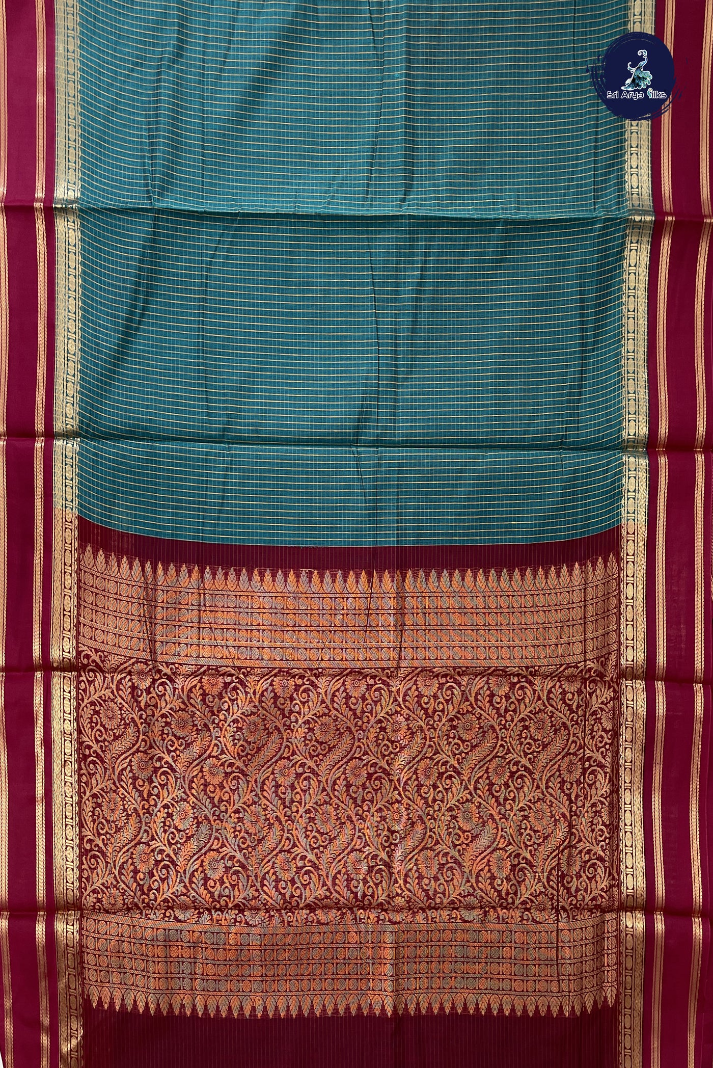 Sapphire Green Madisar Semi Silk Cotton Saree With Checked Pattern
