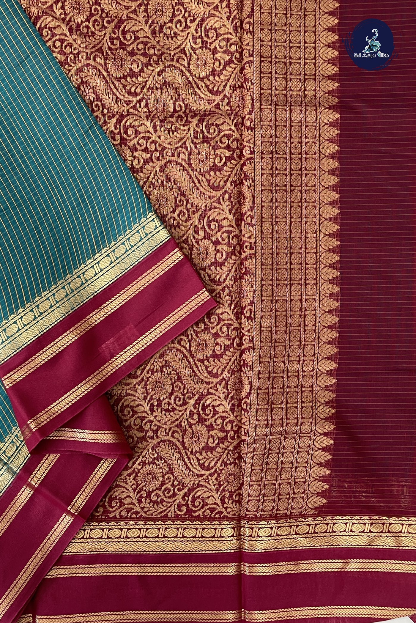 Sapphire Green Madisar Semi Silk Cotton Saree With Checked Pattern