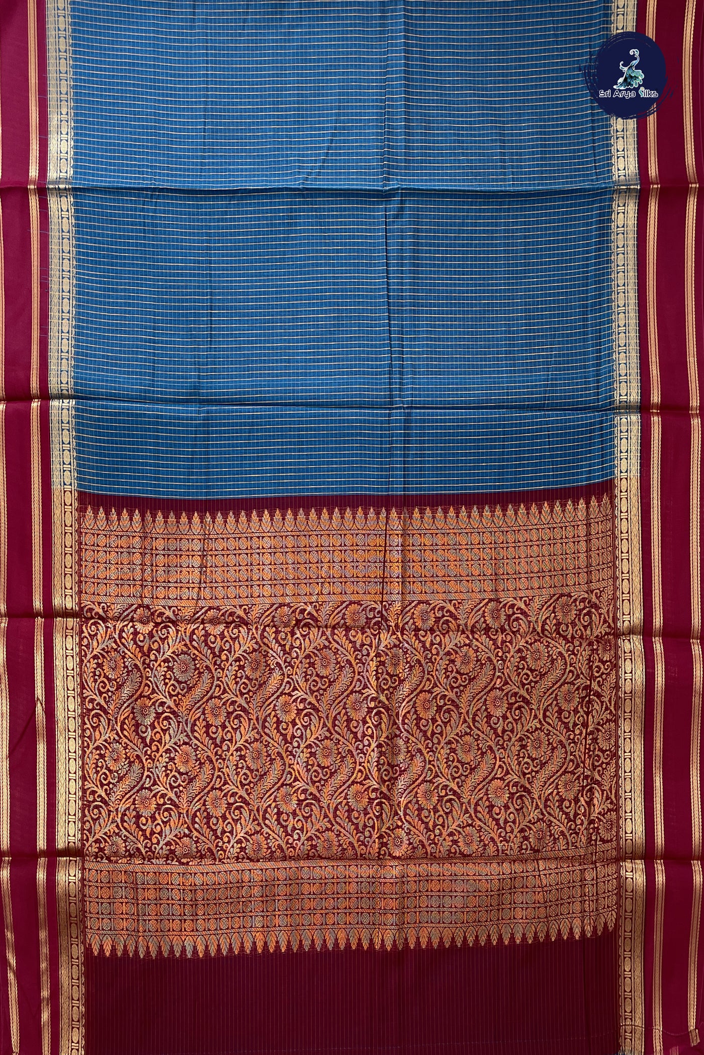 Sapphire Blue Madisar Semi Silk Cotton Saree With Checked Pattern