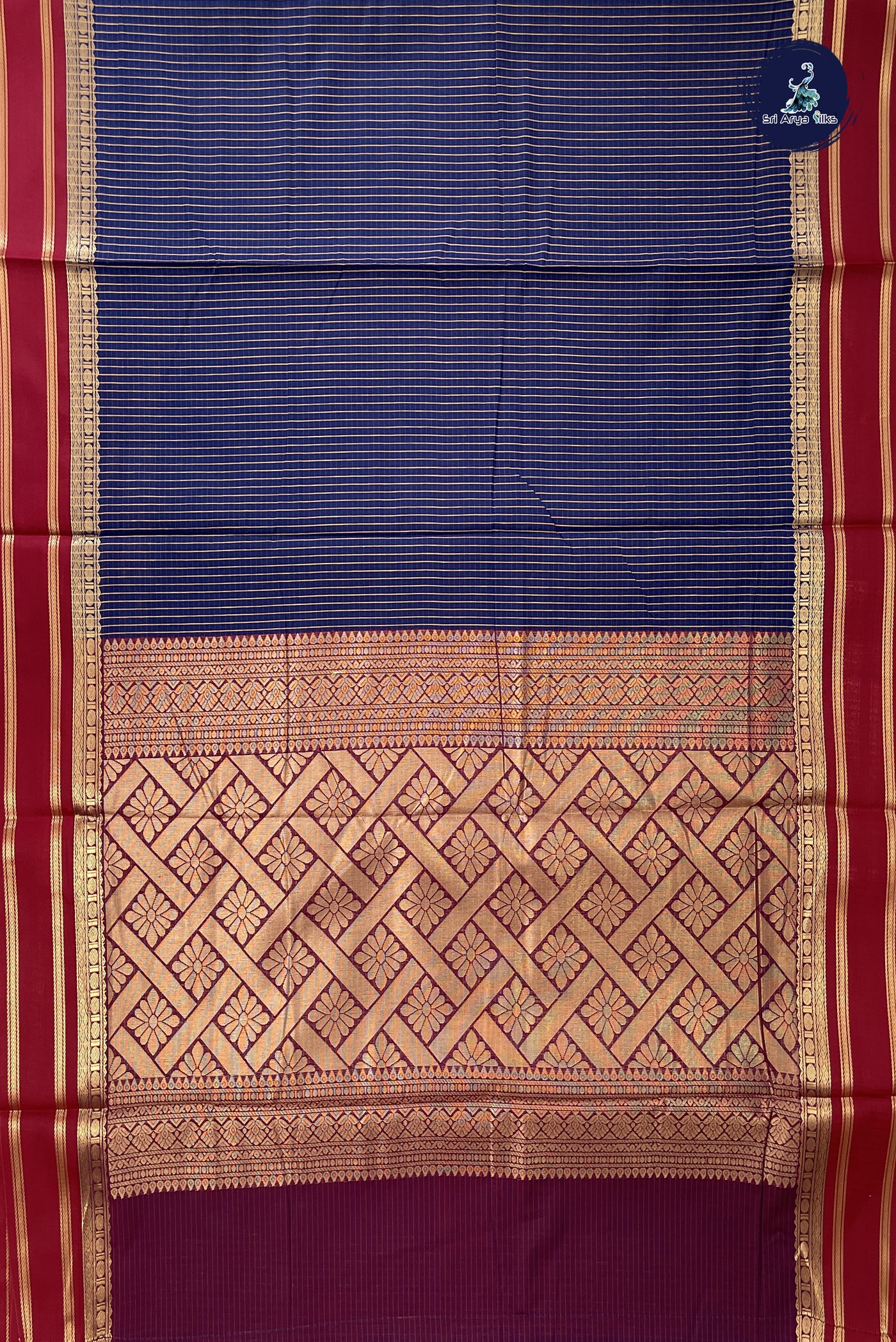 Navy Blue Madisar Semi Silk Cotton Saree With Checked Pattern