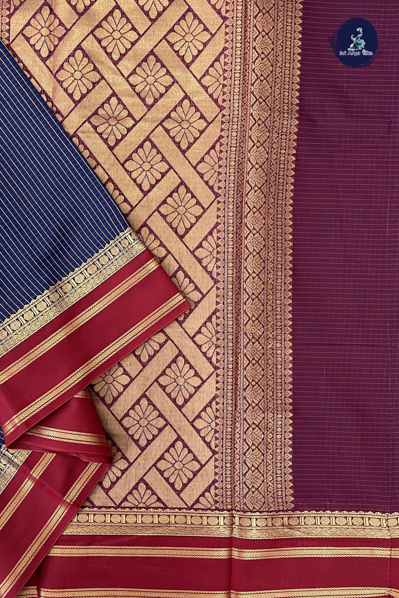 Navy Blue Madisar Semi Silk Cotton Saree With Checked Pattern