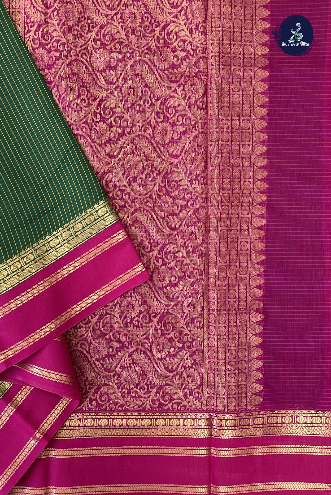 Dark Green Madisar Semi Silk Cotton Saree With Checked Pattern