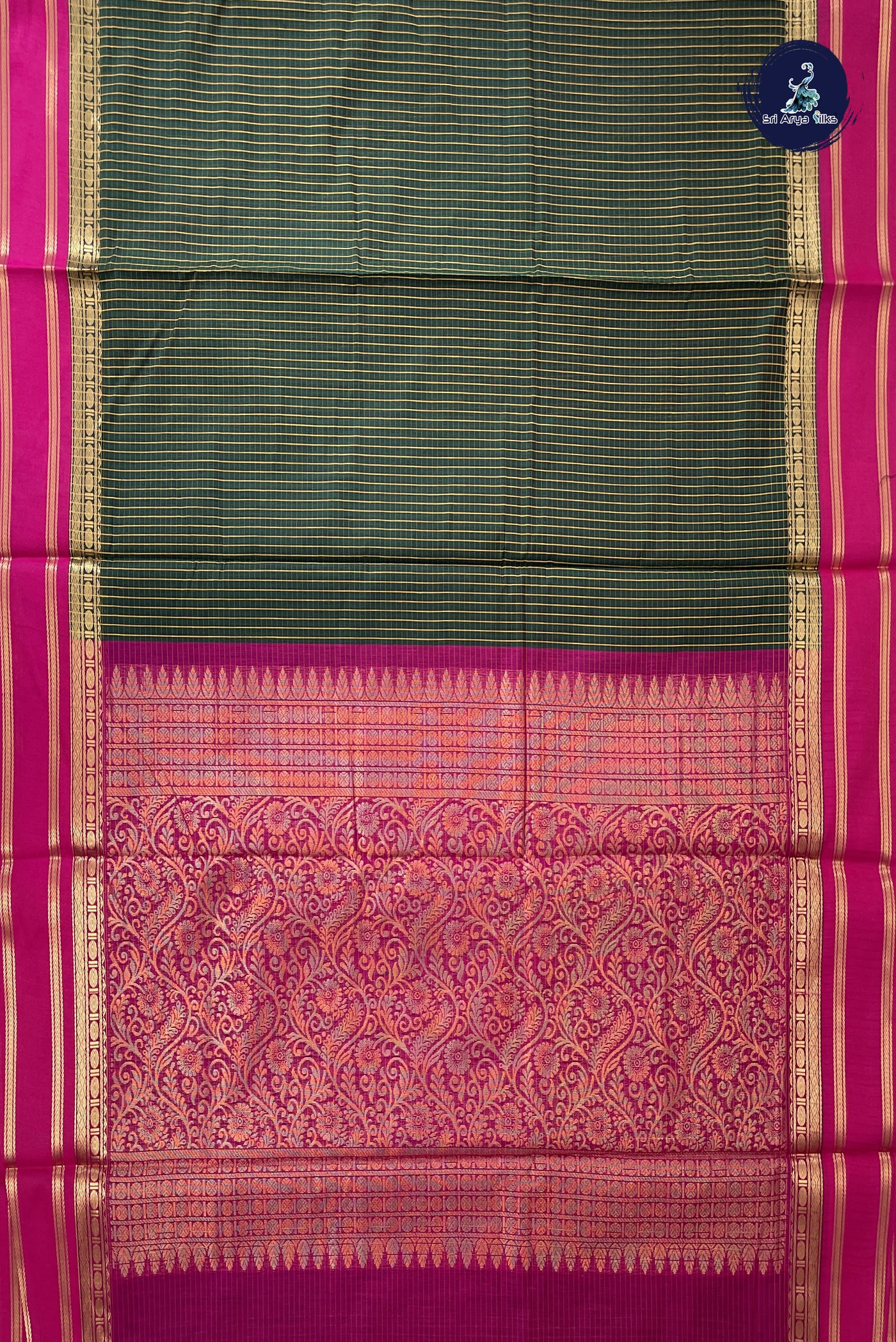 Bottle Green Madisar Semi Silk Cotton Saree With Checked Pattern