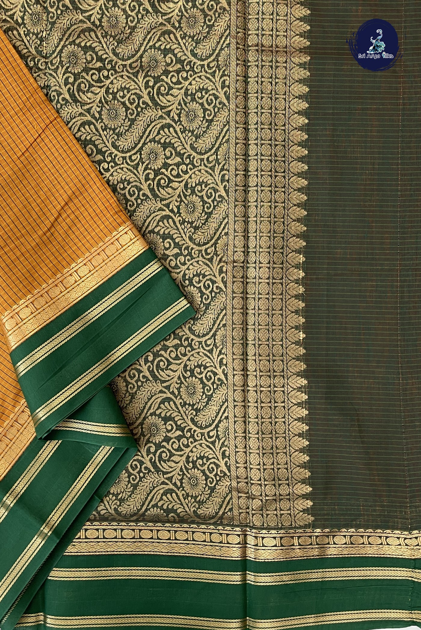Mustard Madisar Semi Silk Cotton Saree With Checked Pattern