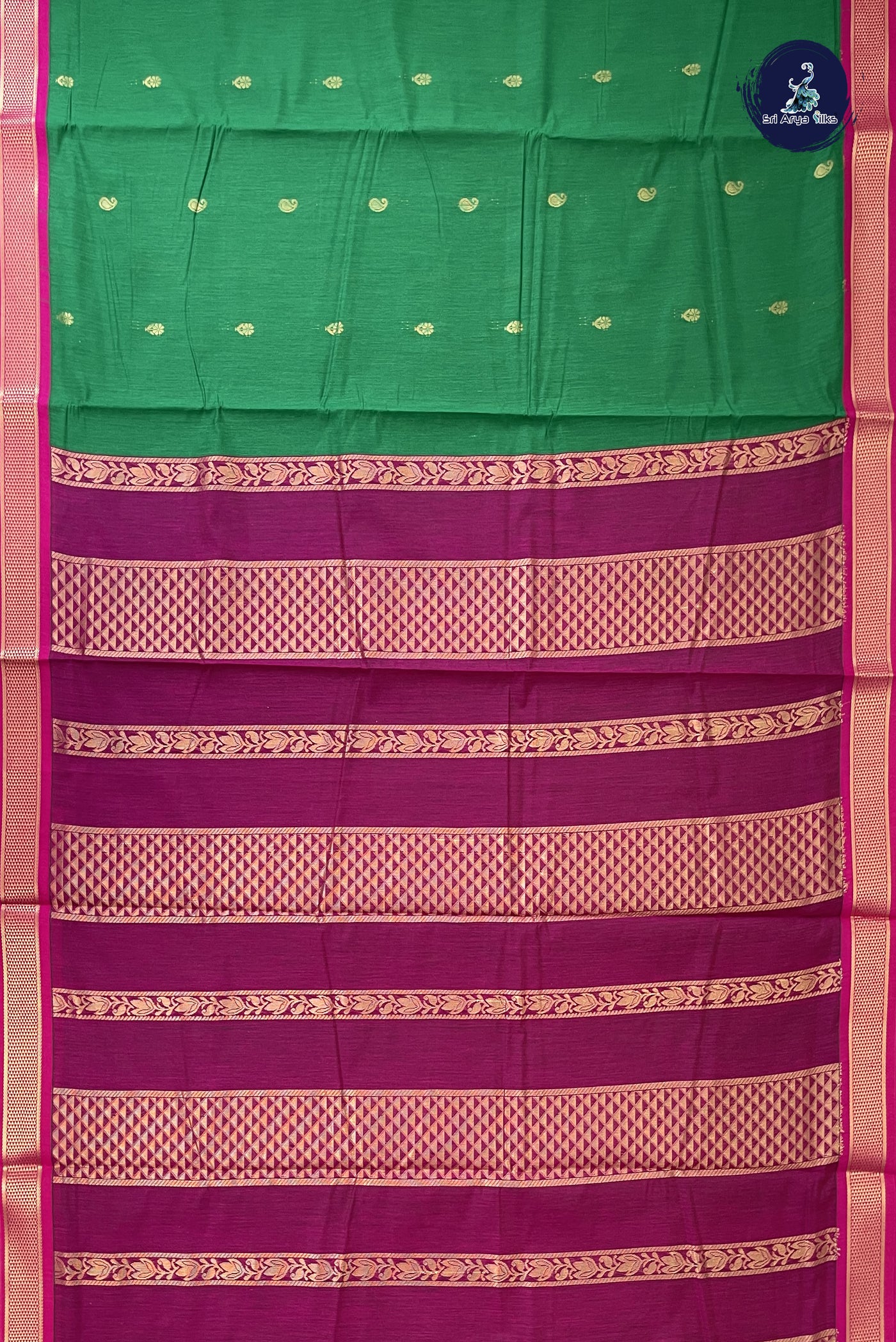 Dark Green Madisar Semi Silk Cotton Saree With Zari Buttas Pattern