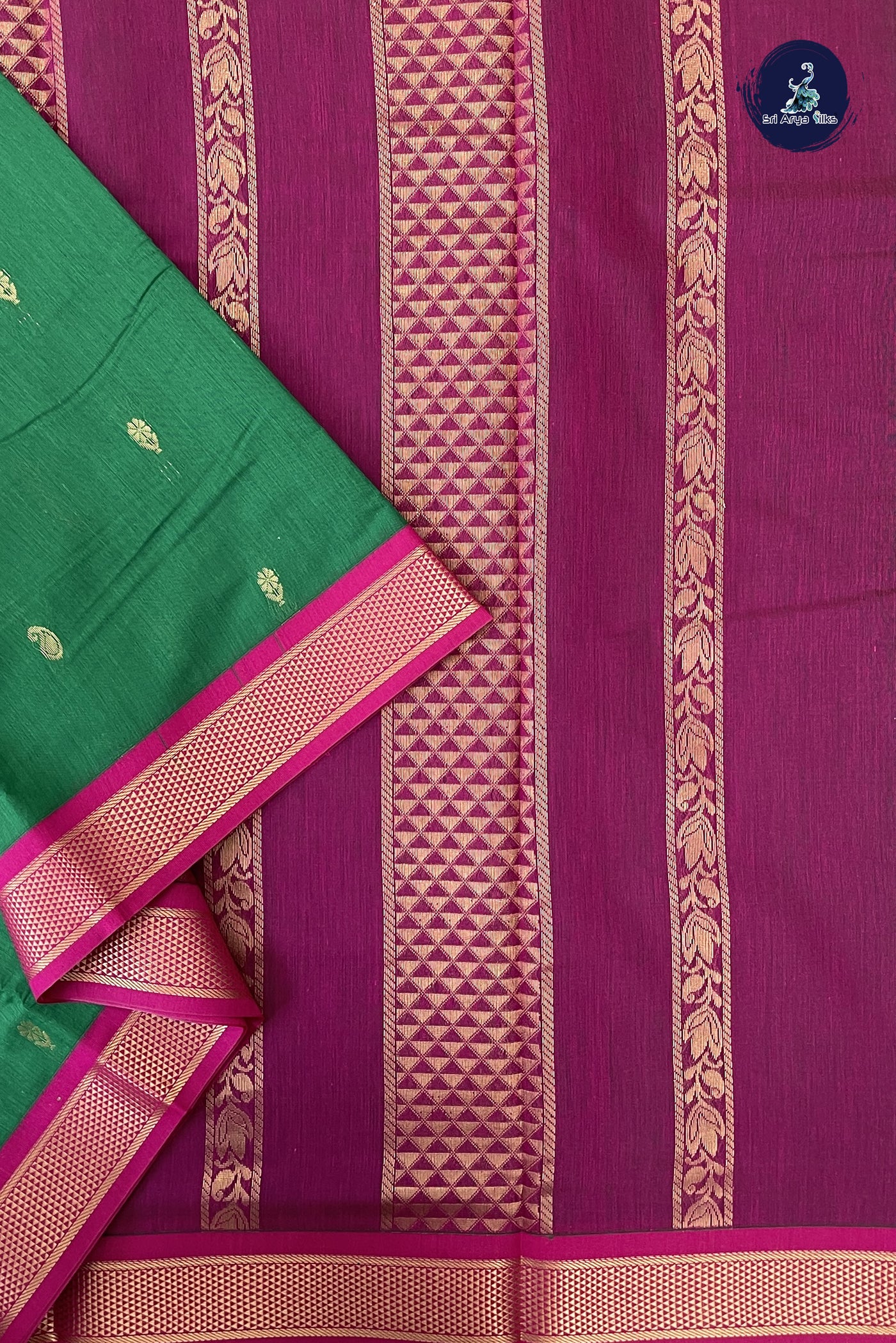 Dark Green Madisar Semi Silk Cotton Saree With Zari Buttas Pattern