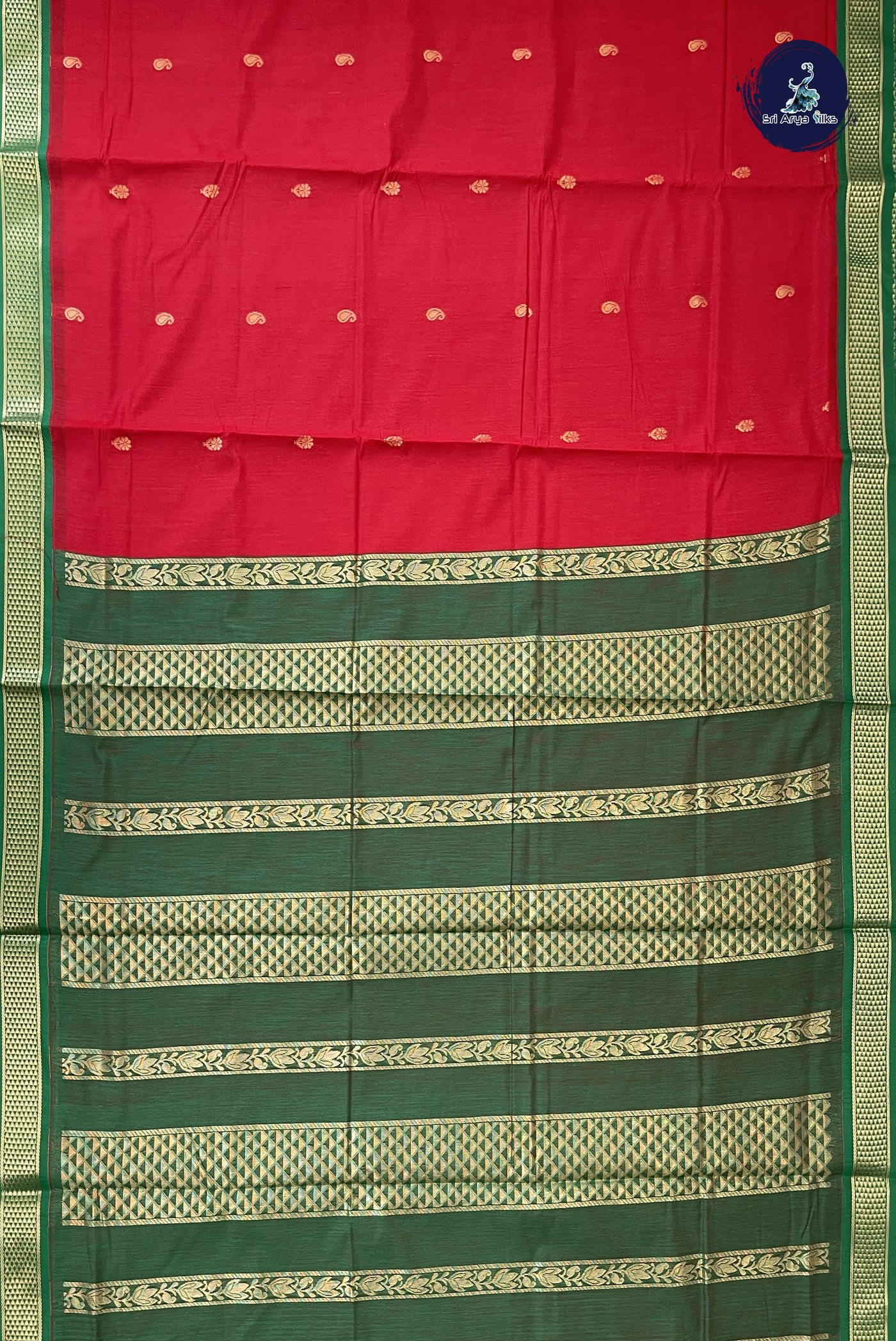 Red Madisar Semi Silk Cotton Saree With Zari Buttas Pattern