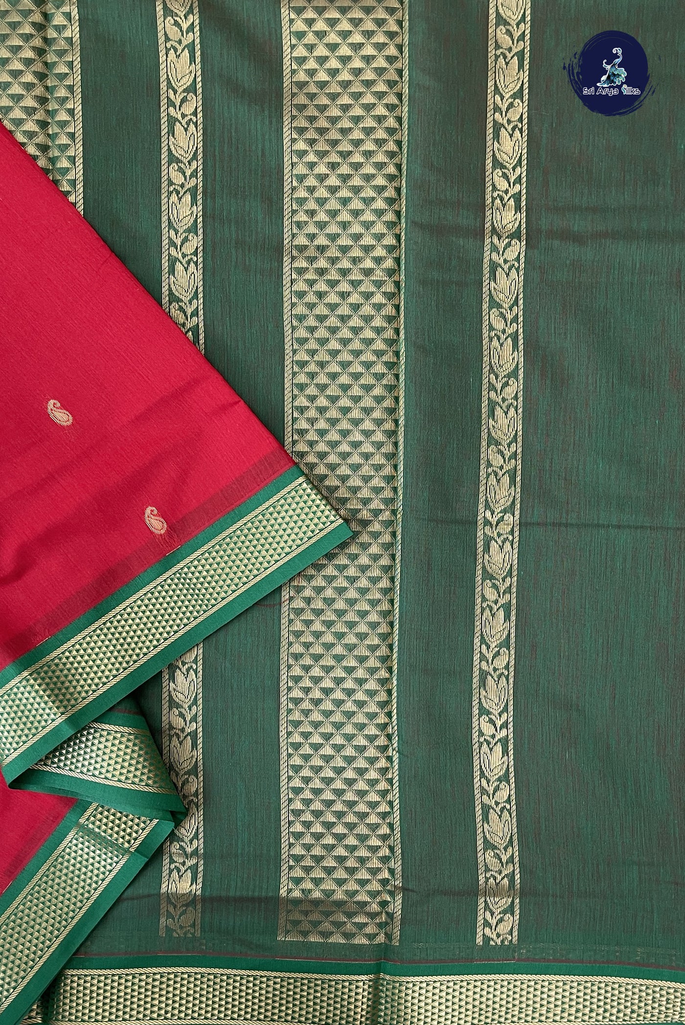 Red Madisar Semi Silk Cotton Saree With Zari Buttas Pattern
