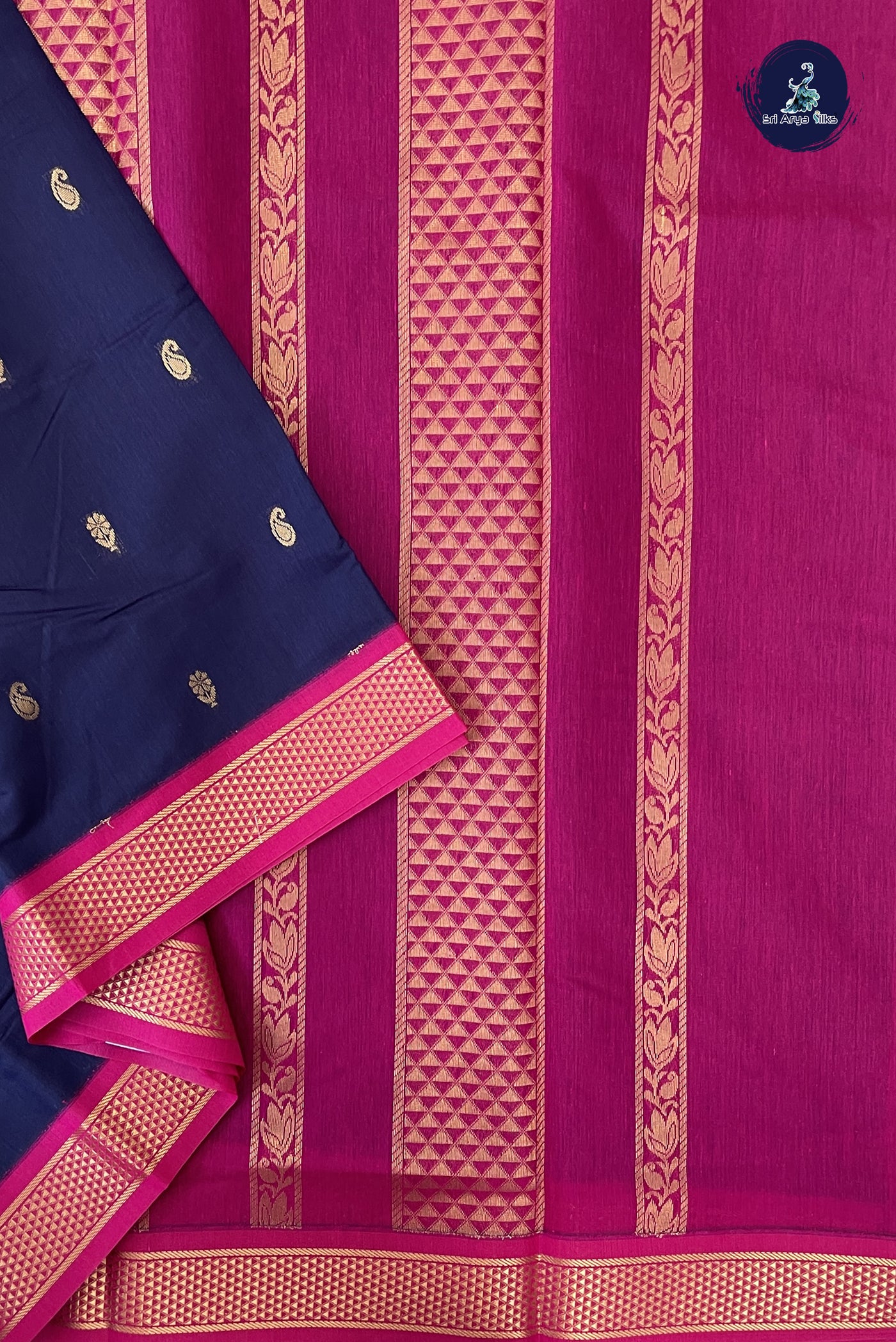 Navy Blue Madisar Semi Silk Cotton Saree With Zari Buttas Pattern