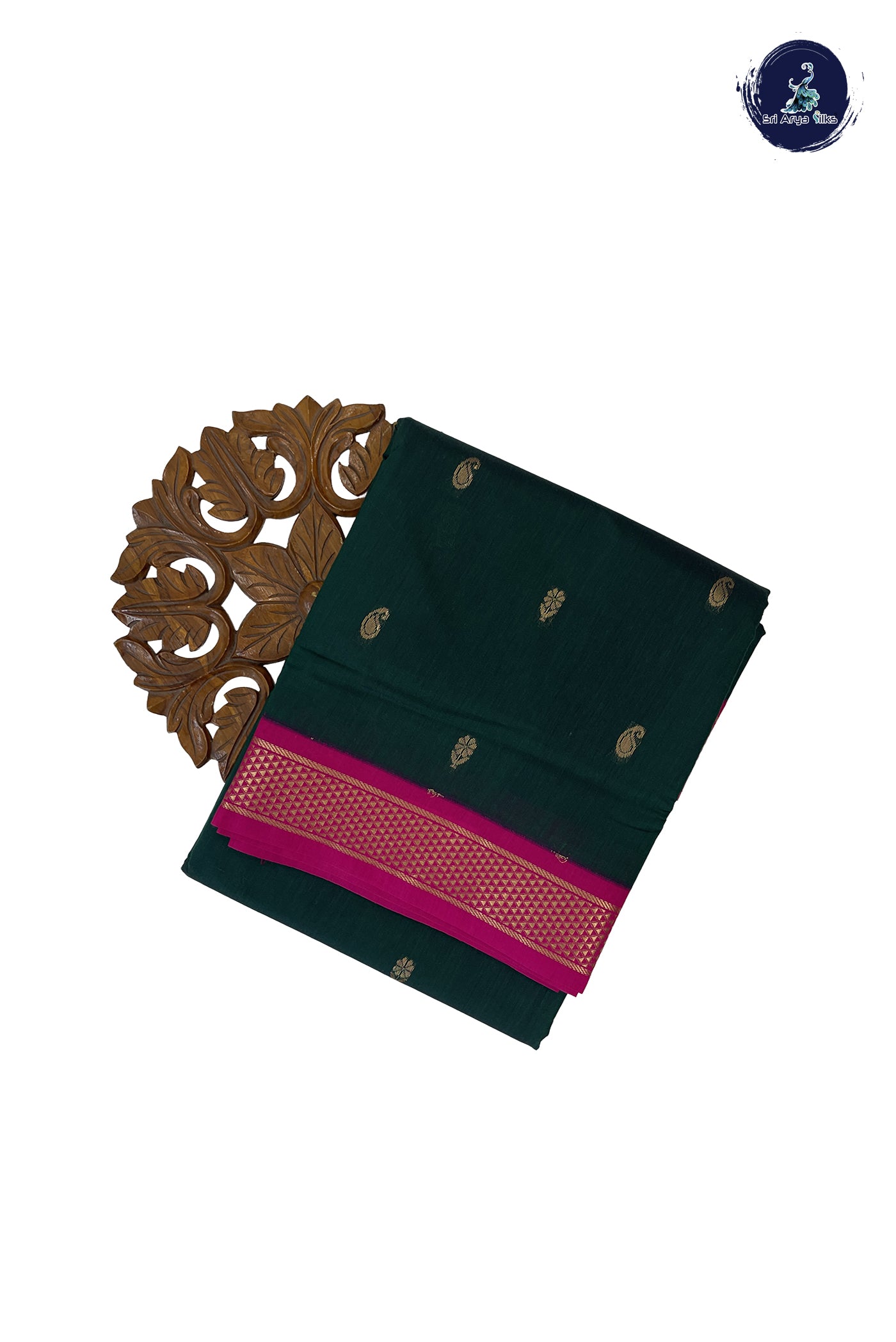 Dark Green Madisar Semi Silk Cotton Saree With Zari Buttas Pattern