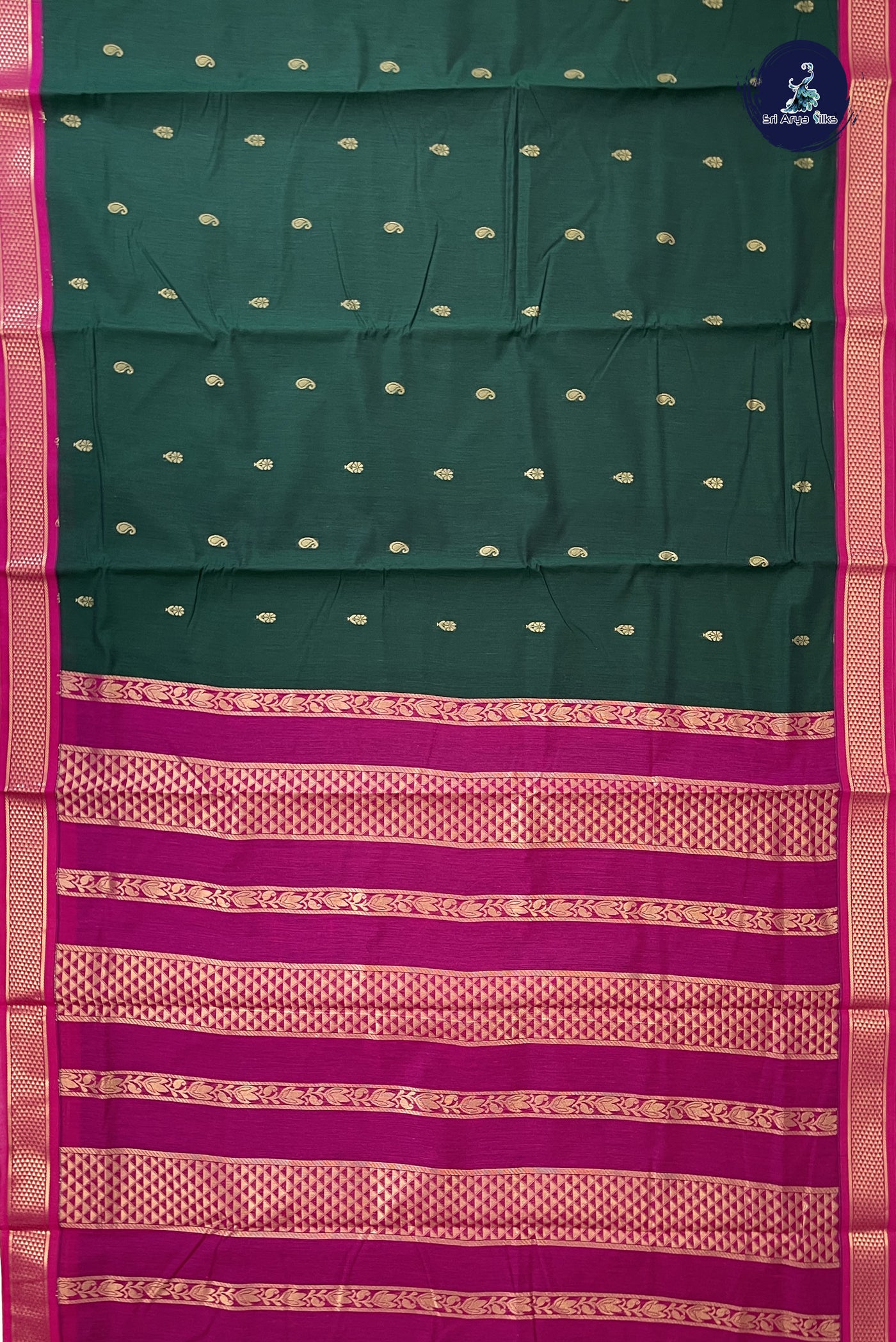 Dark Green Madisar Semi Silk Cotton Saree With Zari Buttas Pattern