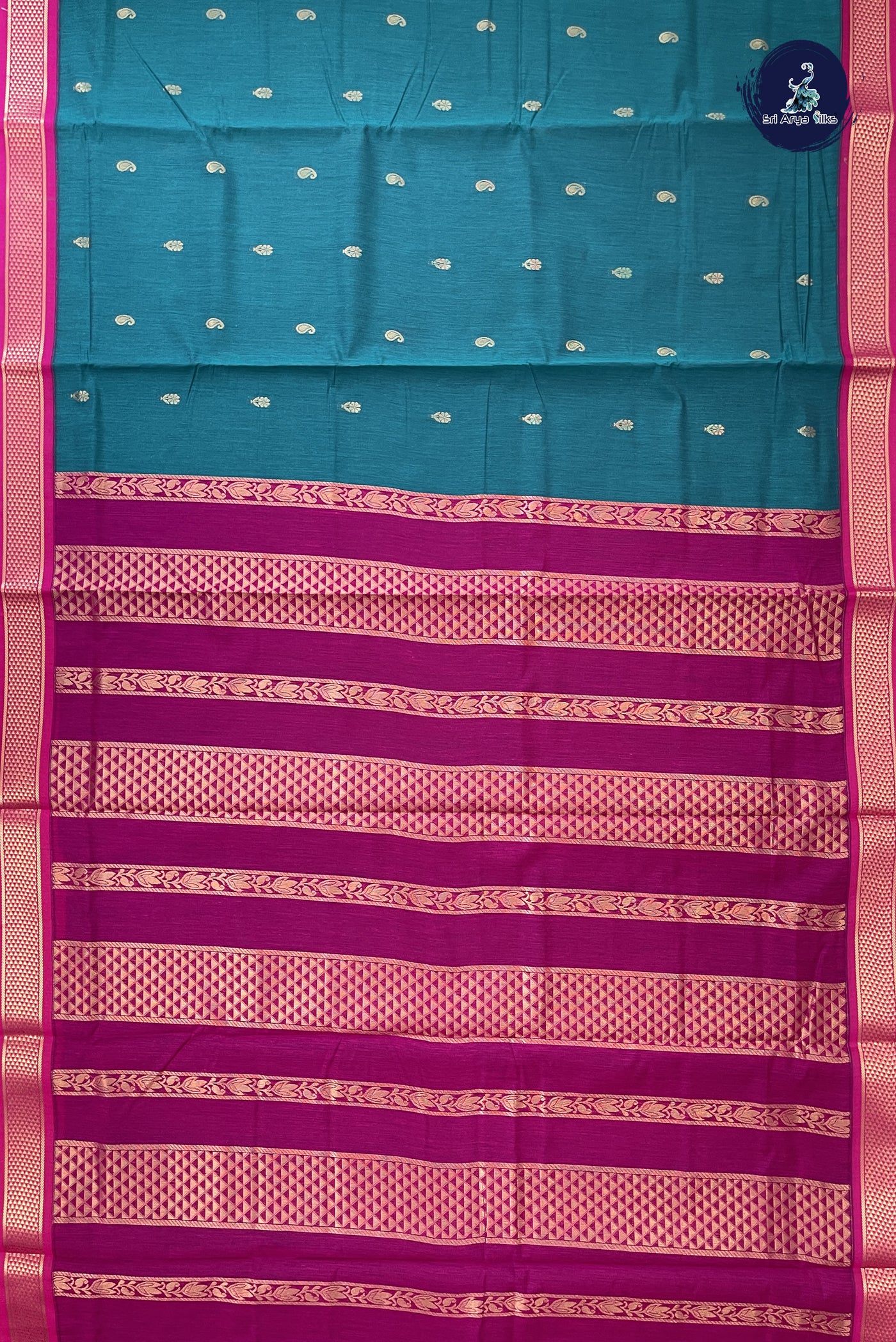 Sapphire Green Madisar Semi Silk Cotton Saree With Zari Buttas Pattern