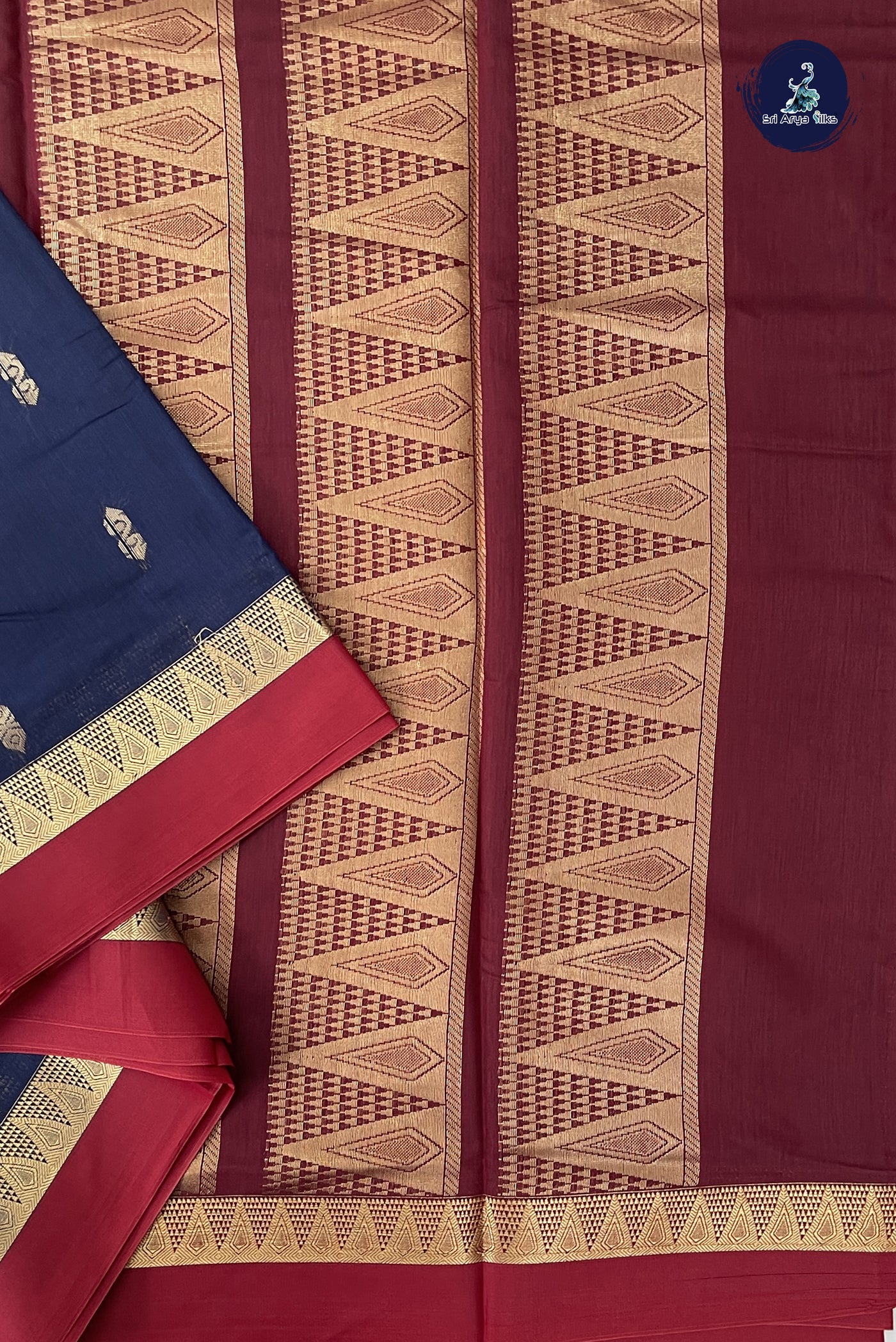 Navy Blue Madisar Semi Silk Cotton Saree With Zari Buttas Pattern