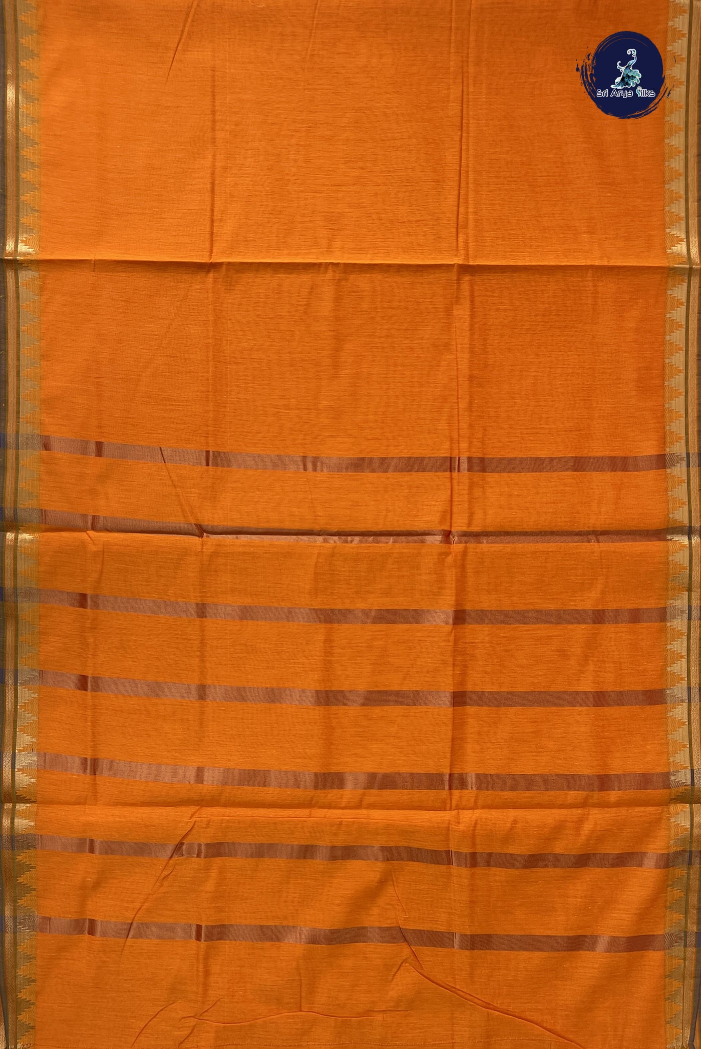 Yellowish Orange Madisar Semi Silk Cotton Saree With Plain Pattern