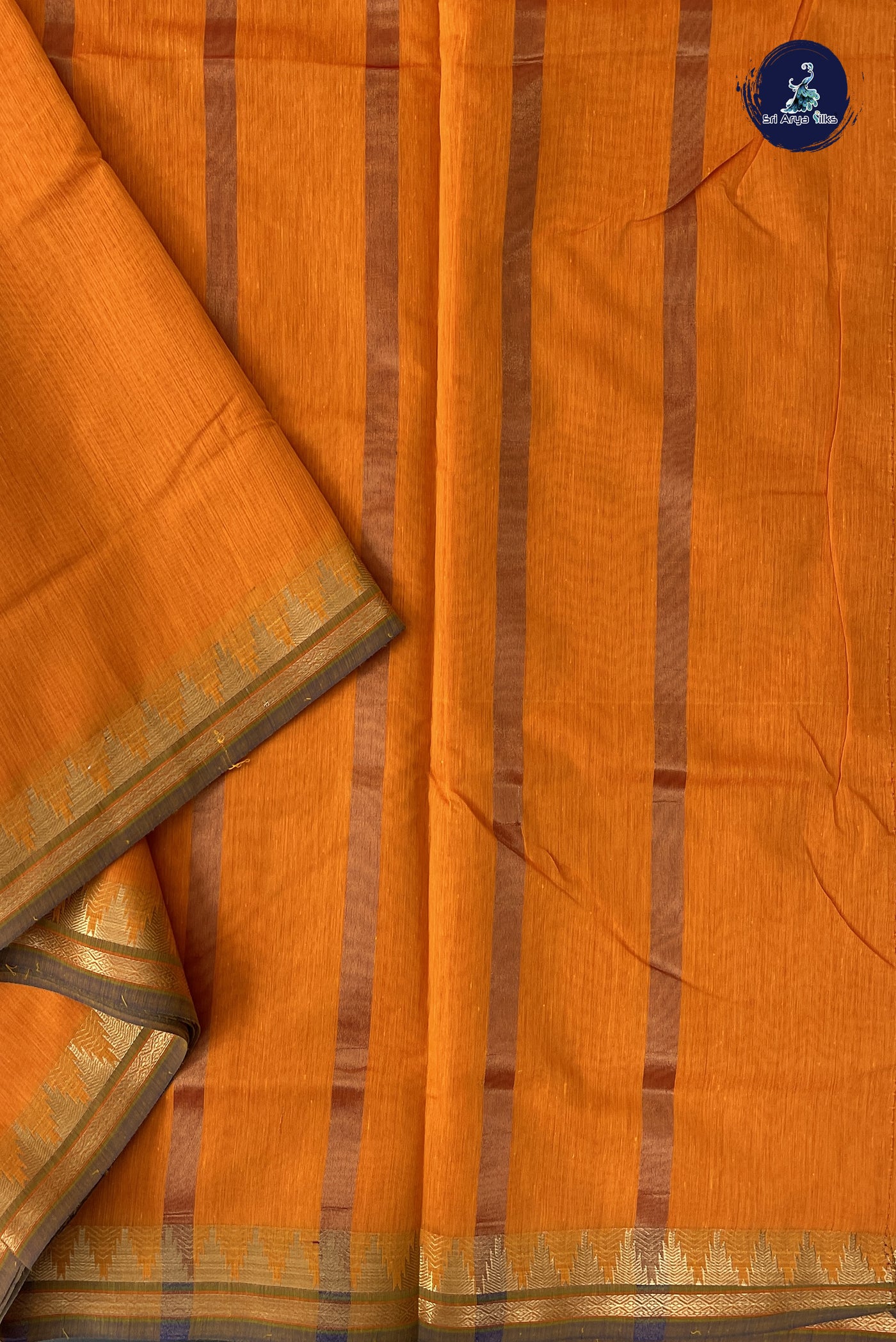 Yellowish Orange Madisar Semi Silk Cotton Saree With Plain Pattern