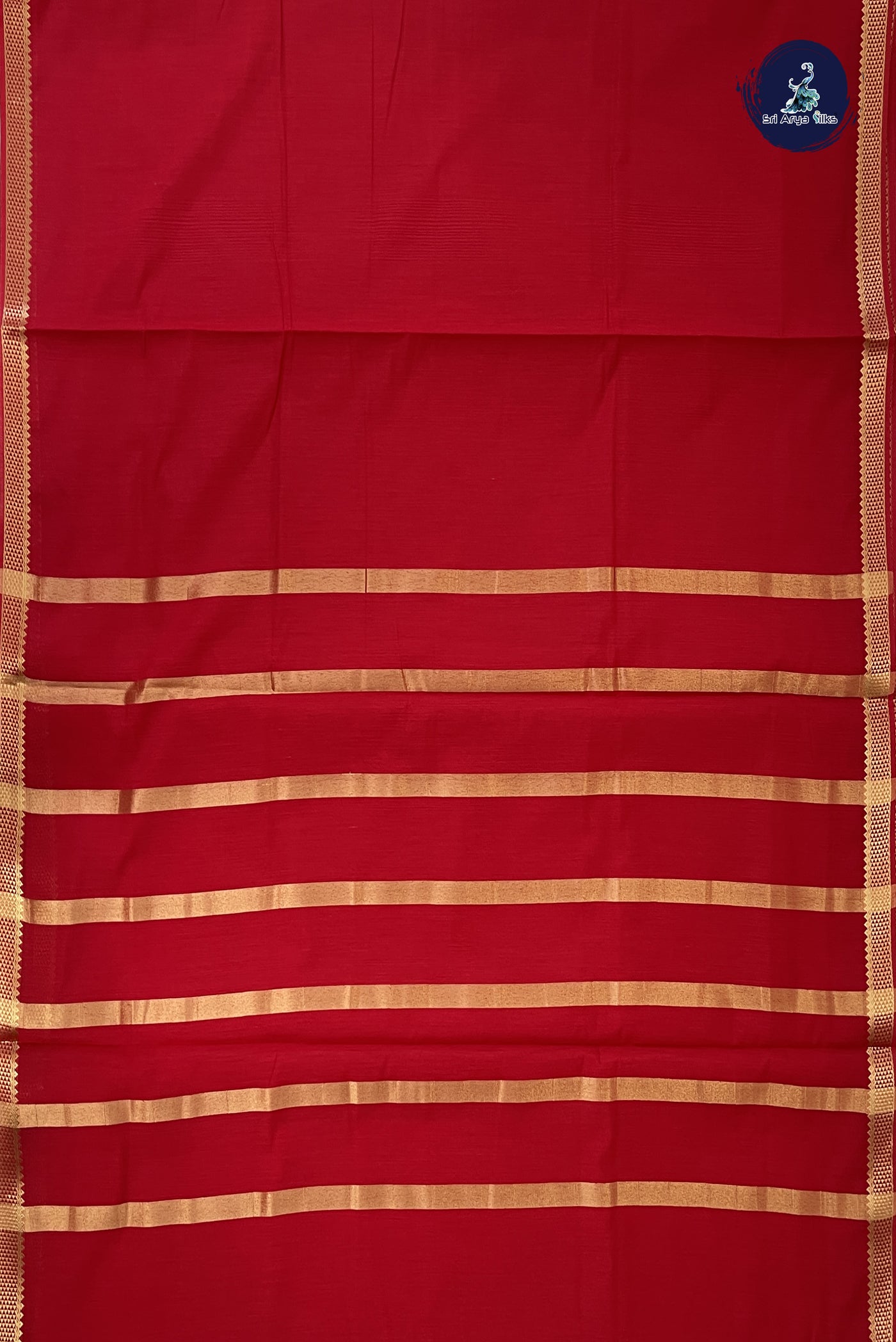 Red Madisar Semi Silk Cotton Saree With Plain Pattern