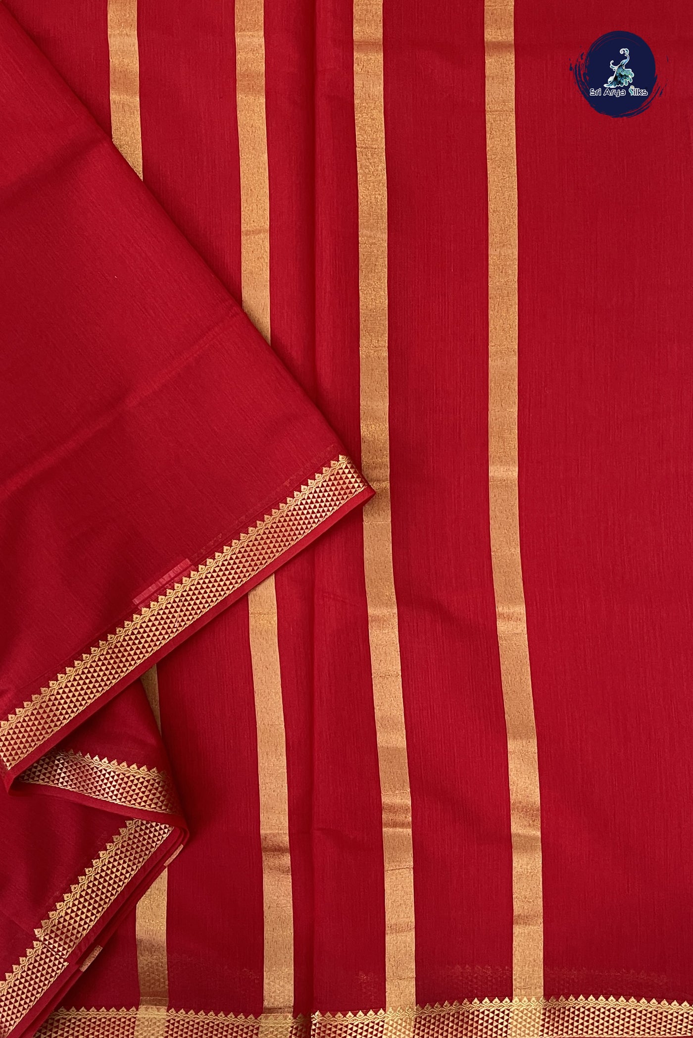 Red Madisar Semi Silk Cotton Saree With Plain Pattern