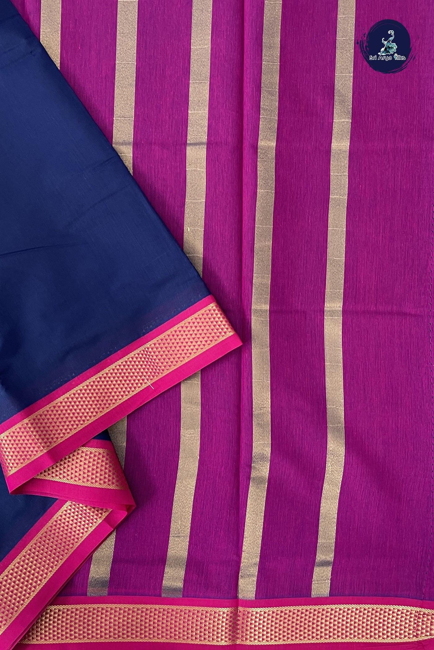 Navy Blue Madisar Semi Silk Cotton Saree With Plain Pattern