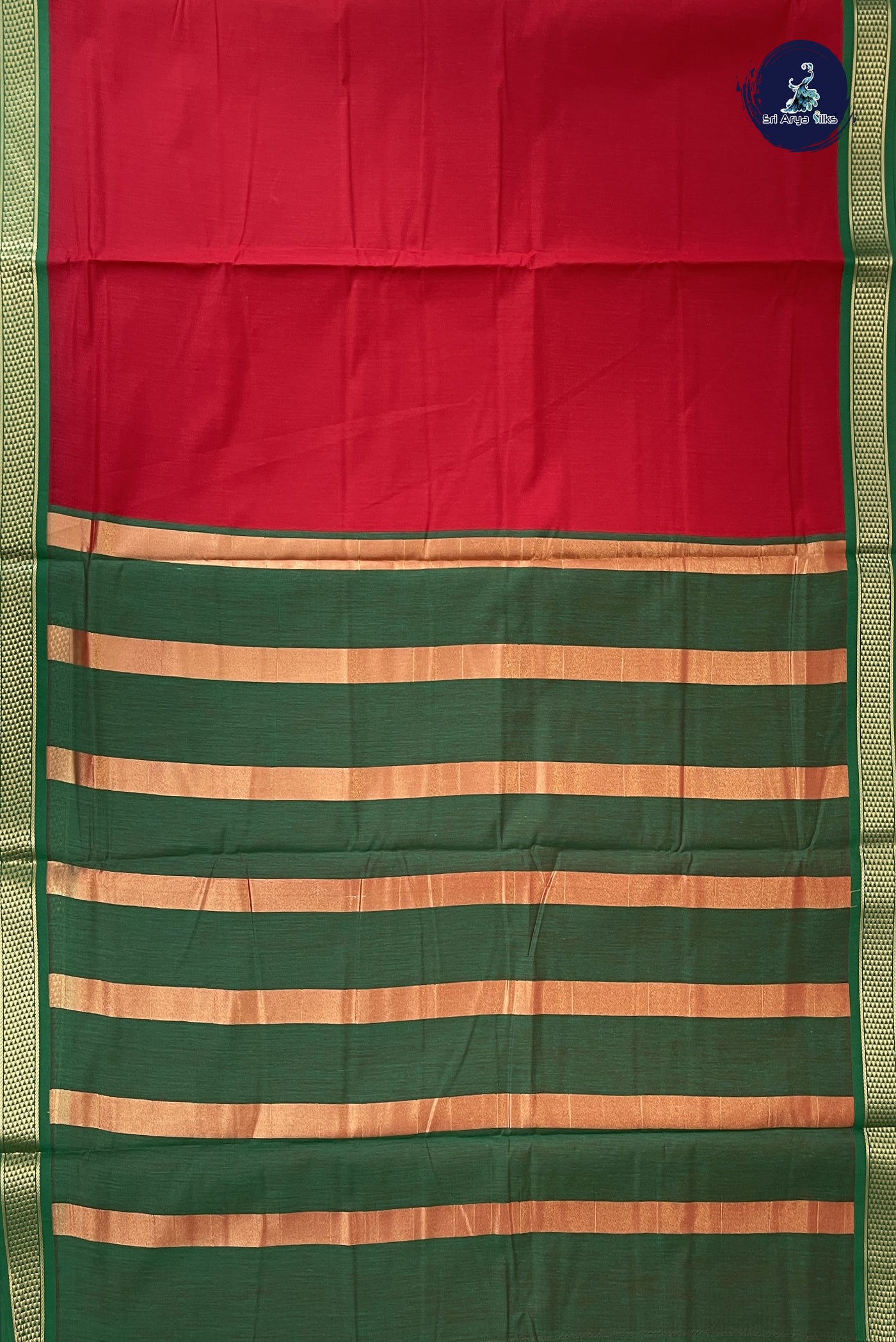 Red Madisar Semi Silk Cotton Saree With Plain Pattern
