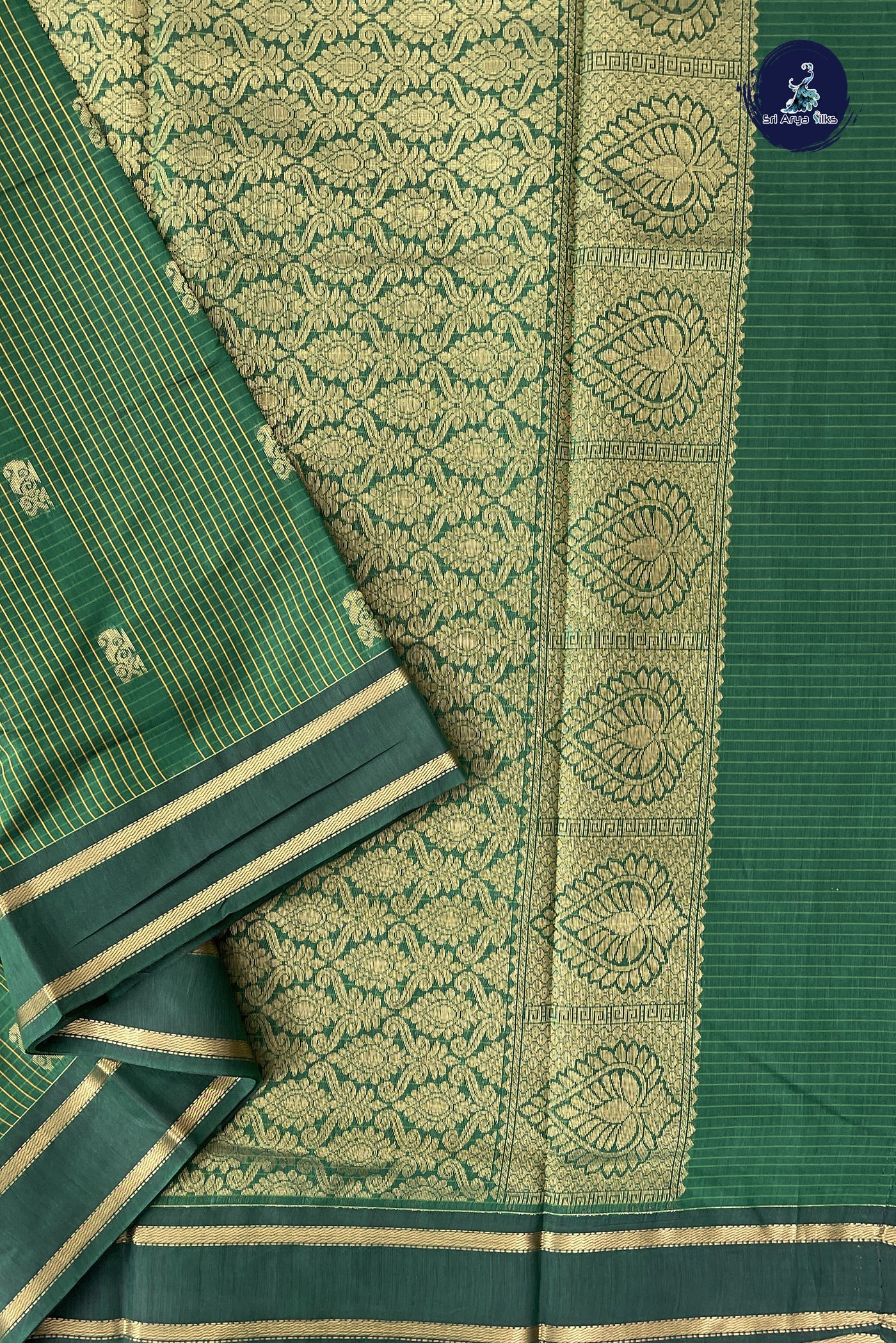 Dark Green Madisar Semi Silk Cotton Saree With Checked Pattern