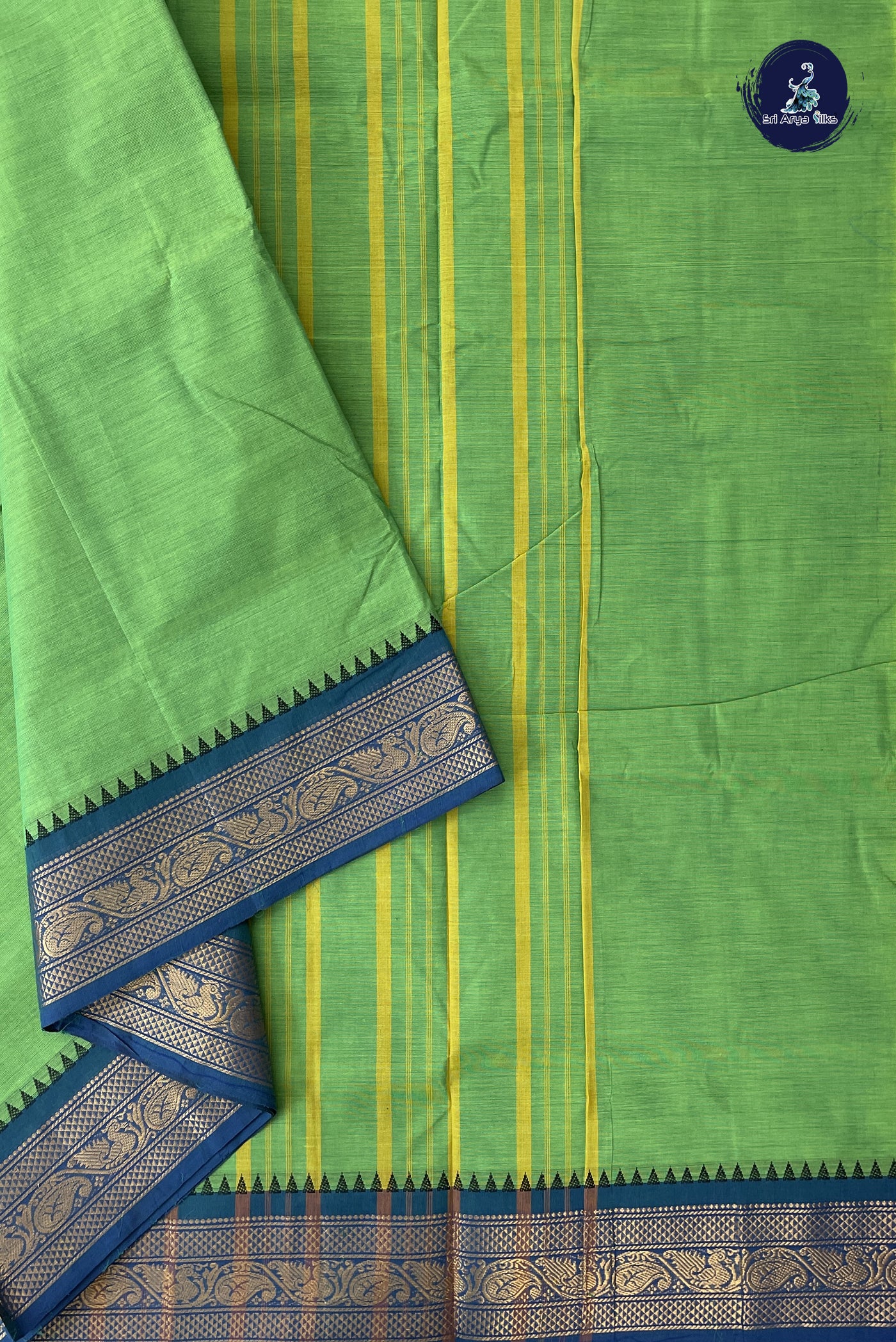 Light Green 10 Yards Madisar Cotton Saree With Plain Pattern