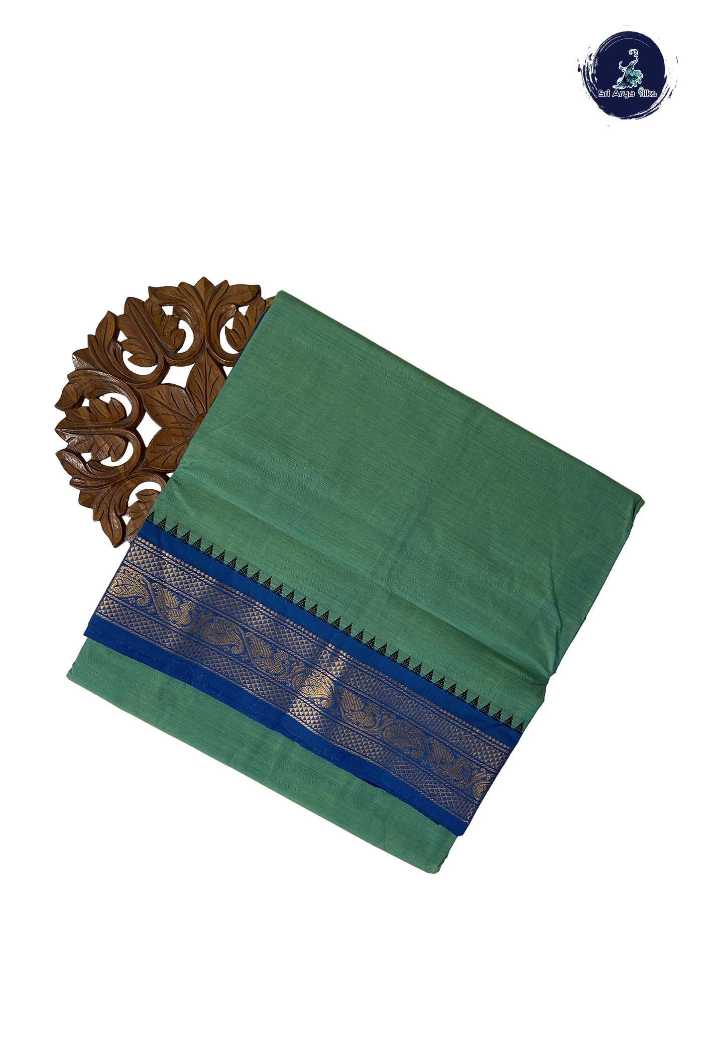 Bluish Green 10 Yards Madisar Cotton Saree With Plain Pattern