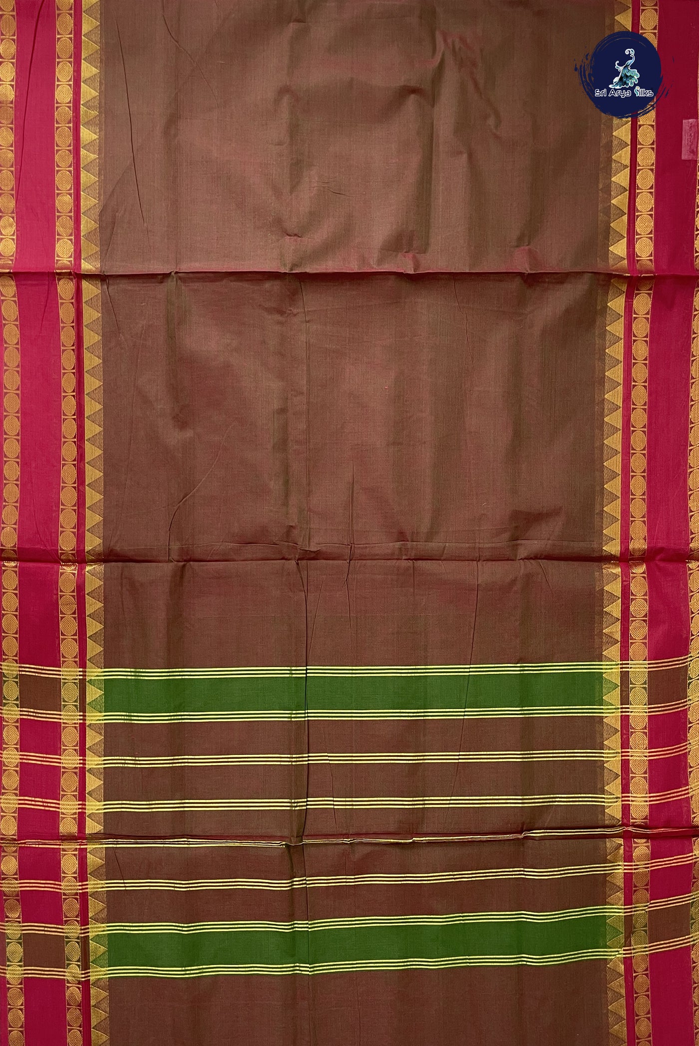 Brown 10 Yards Madisar Cotton Saree With Plain Pattern