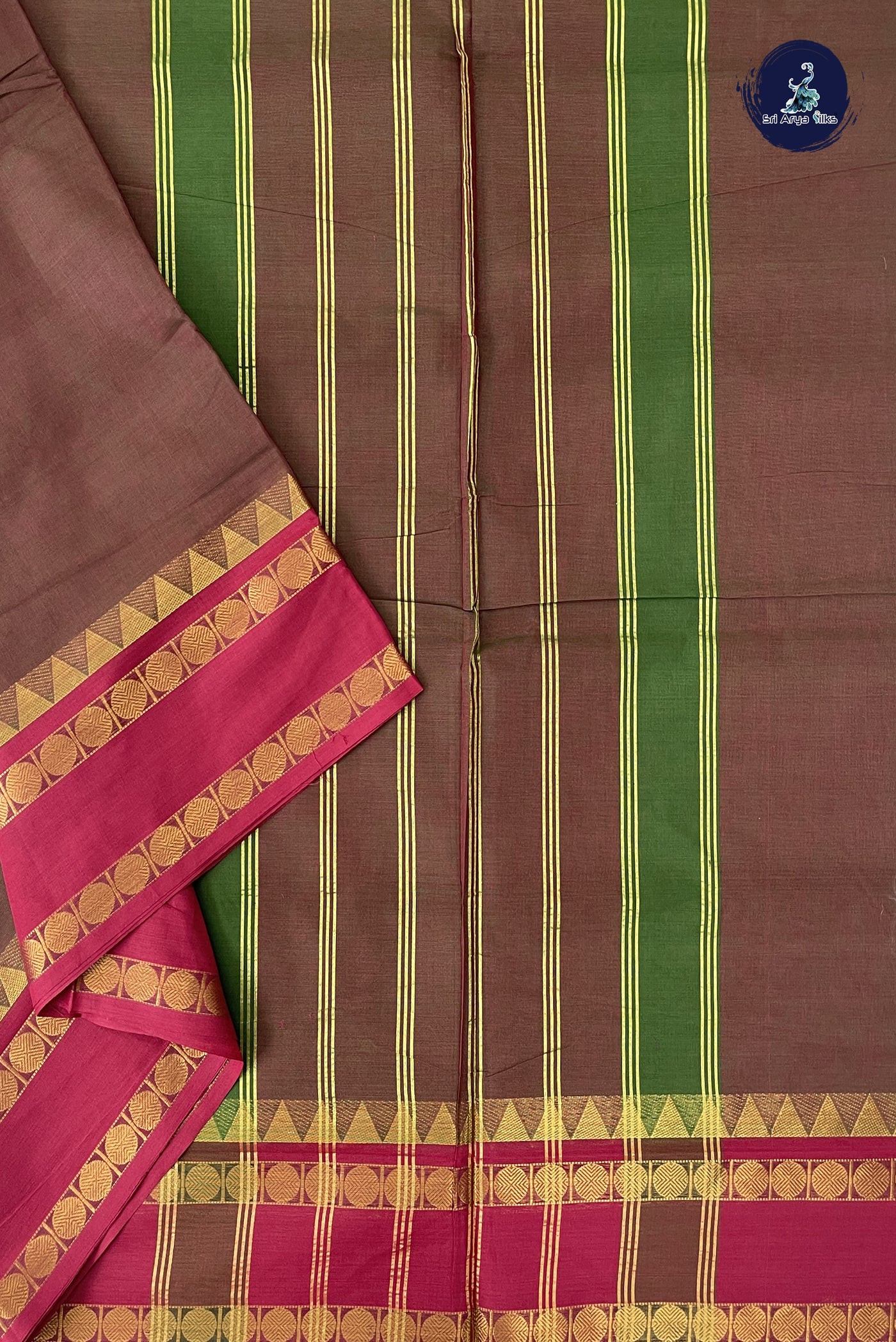 Brown 10 Yards Madisar Cotton Saree With Plain Pattern