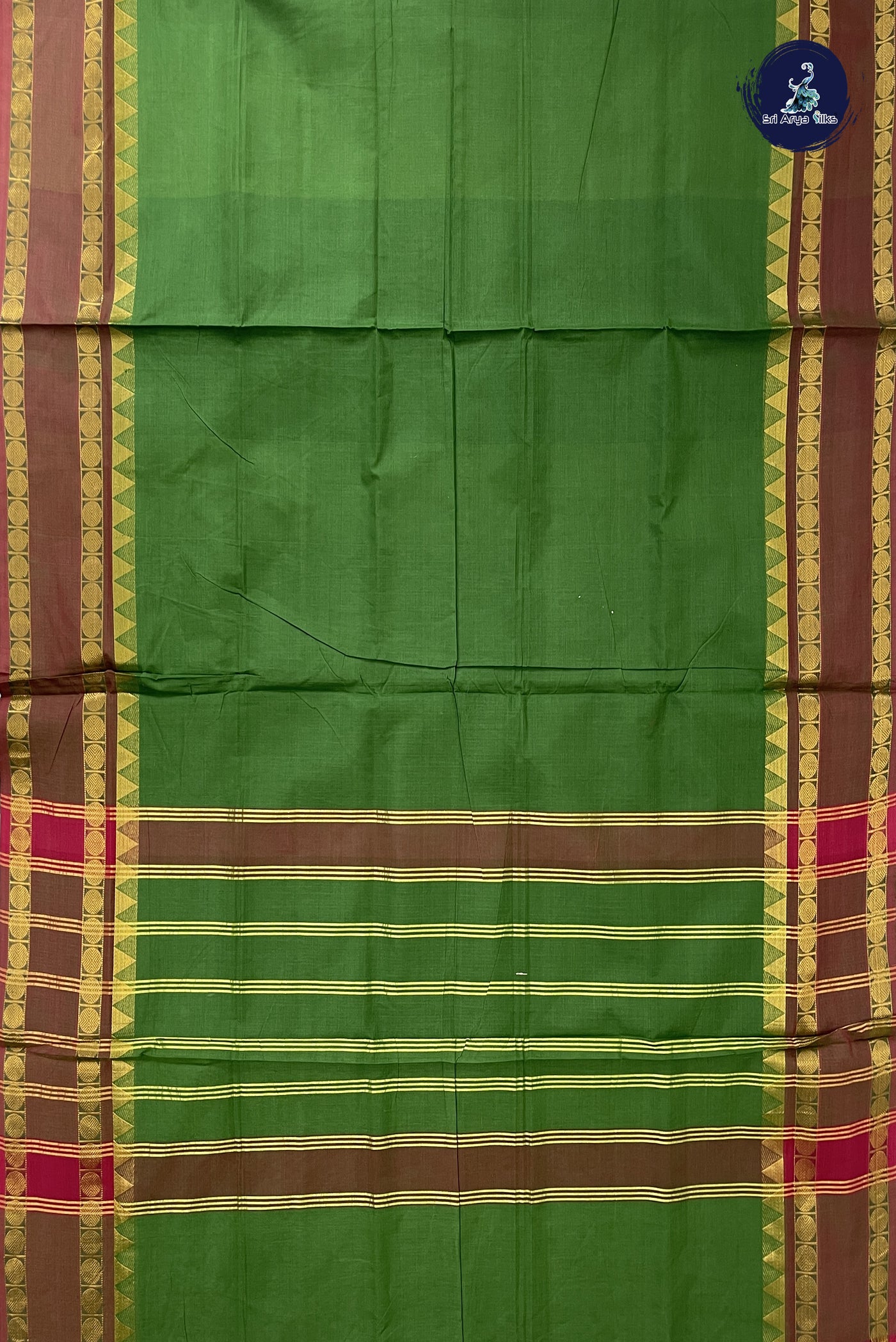 Green 10 Yards Madisar Cotton Saree With Plain Pattern