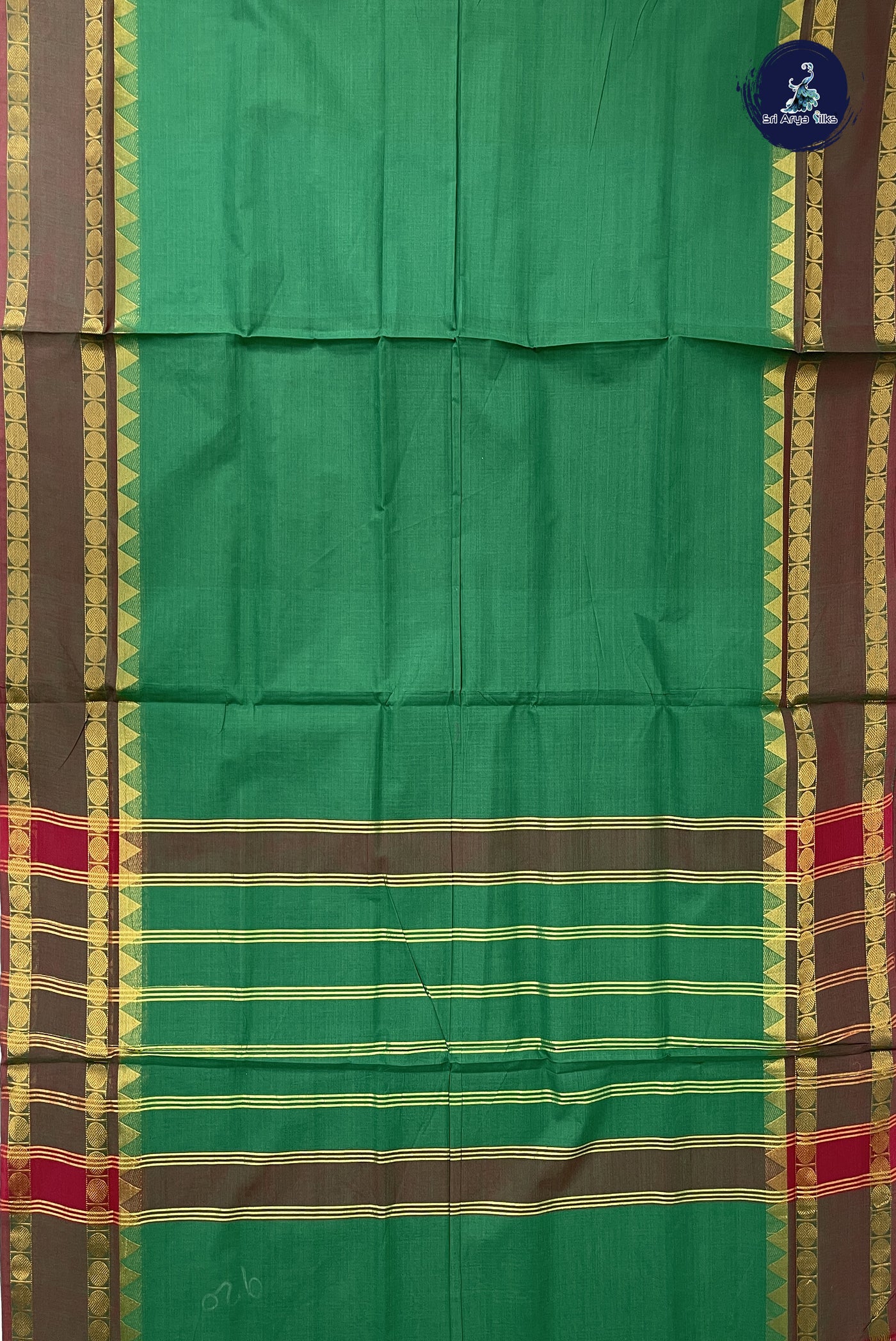 Dark Green 10 Yards Madisar Cotton Saree With Plain Pattern