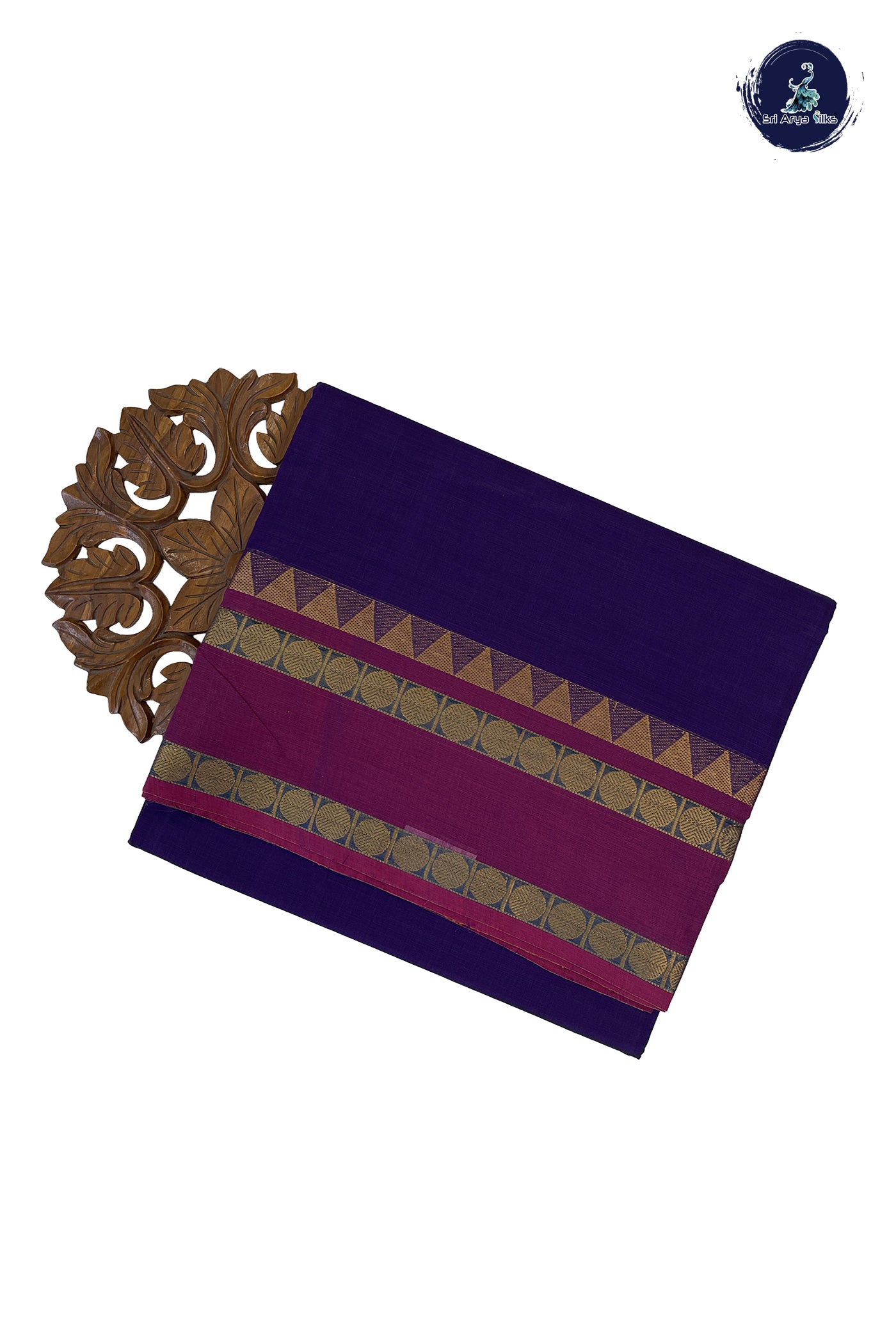 Dark Brinjal 10 Yards Madisar Cotton Saree With Plain Pattern