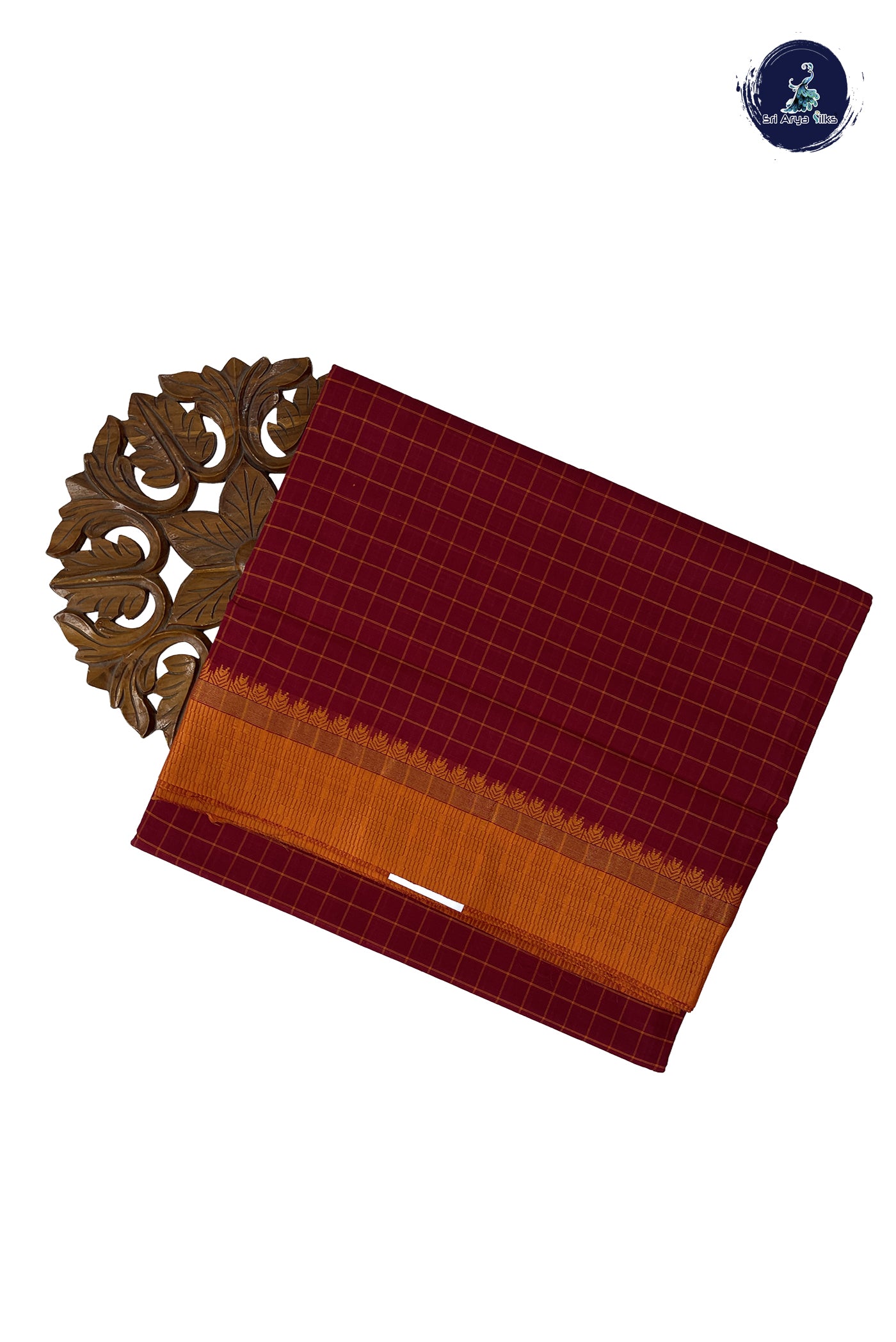 Maroon 10 Yards Madisar Cotton Saree With Checked Pattern