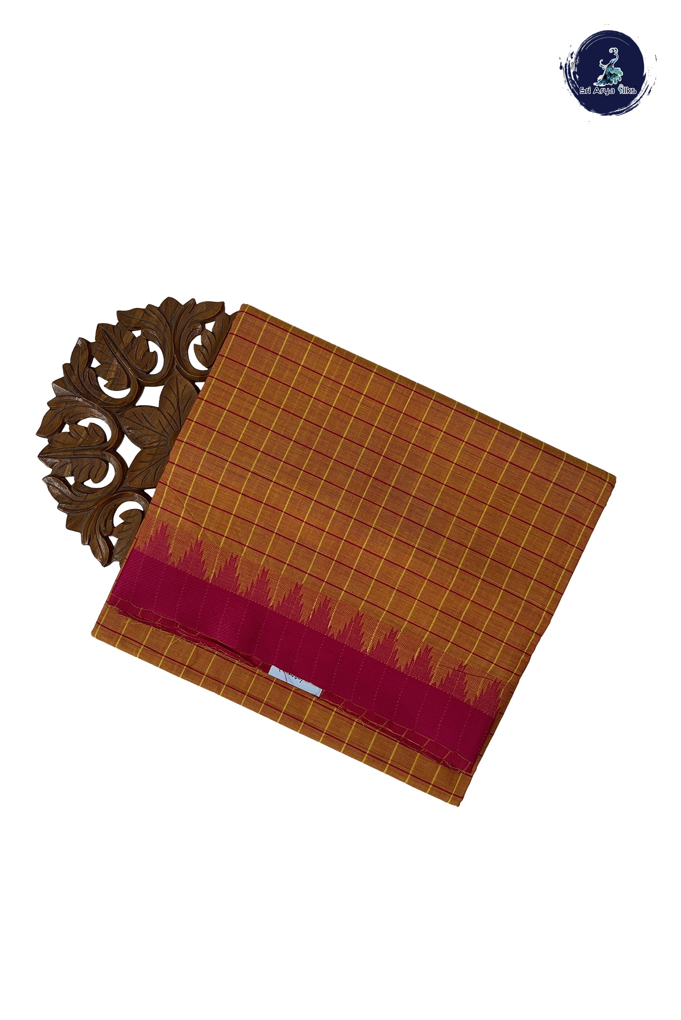 Orange 10 Yards Madisar Cotton Saree With Checked Pattern