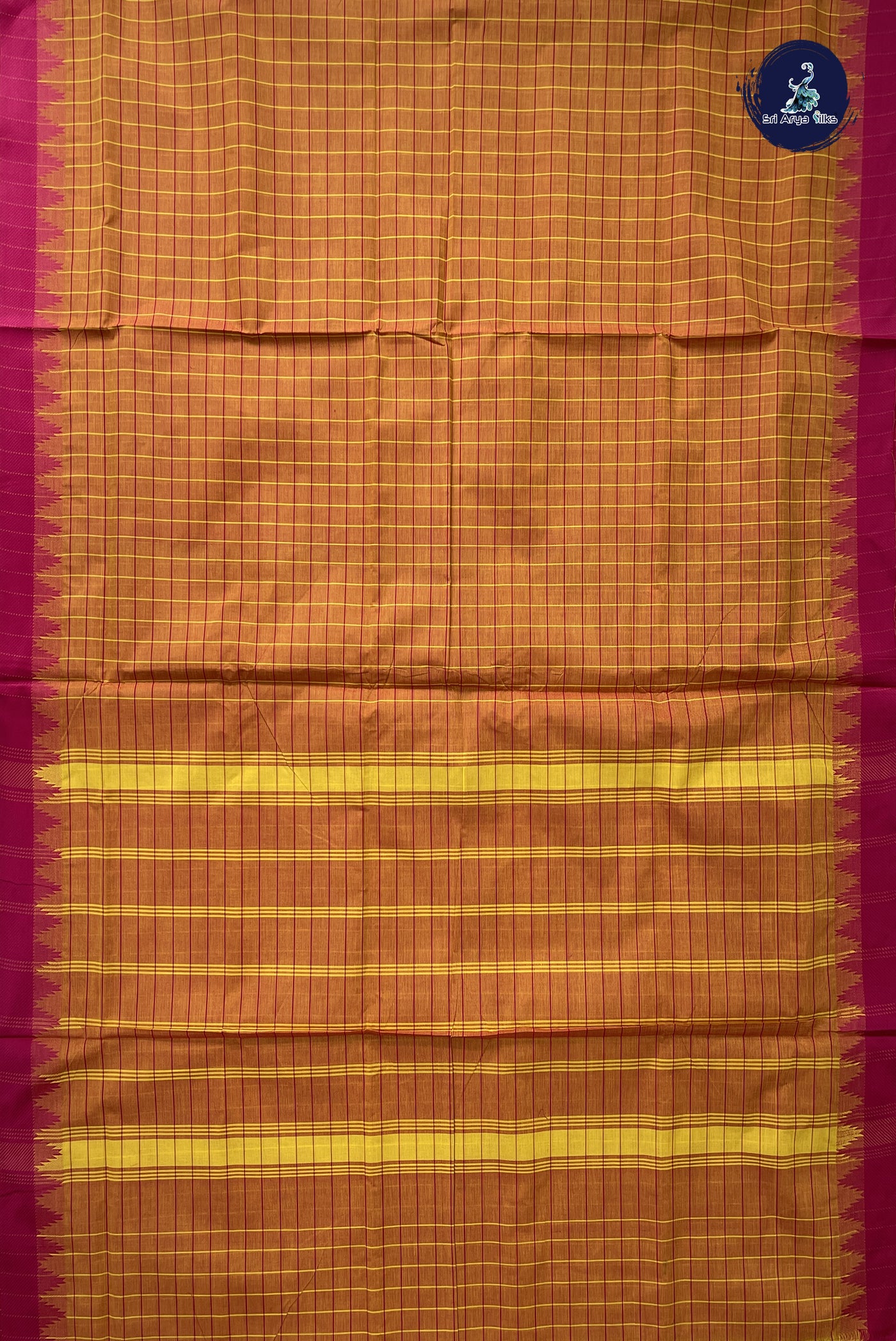 Orange 10 Yards Madisar Cotton Saree With Checked Pattern