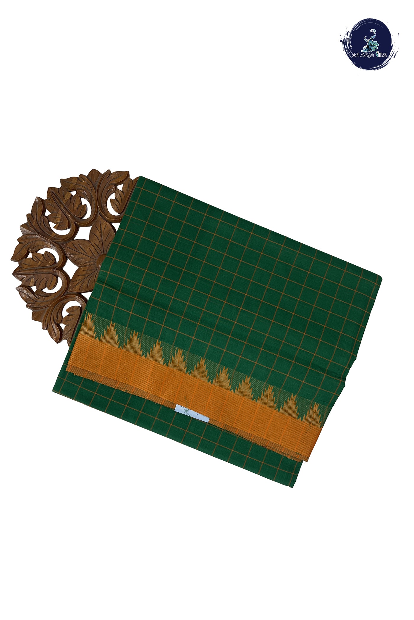 Dark Green 10 Yards Madisar Cotton Saree With Checked Pattern